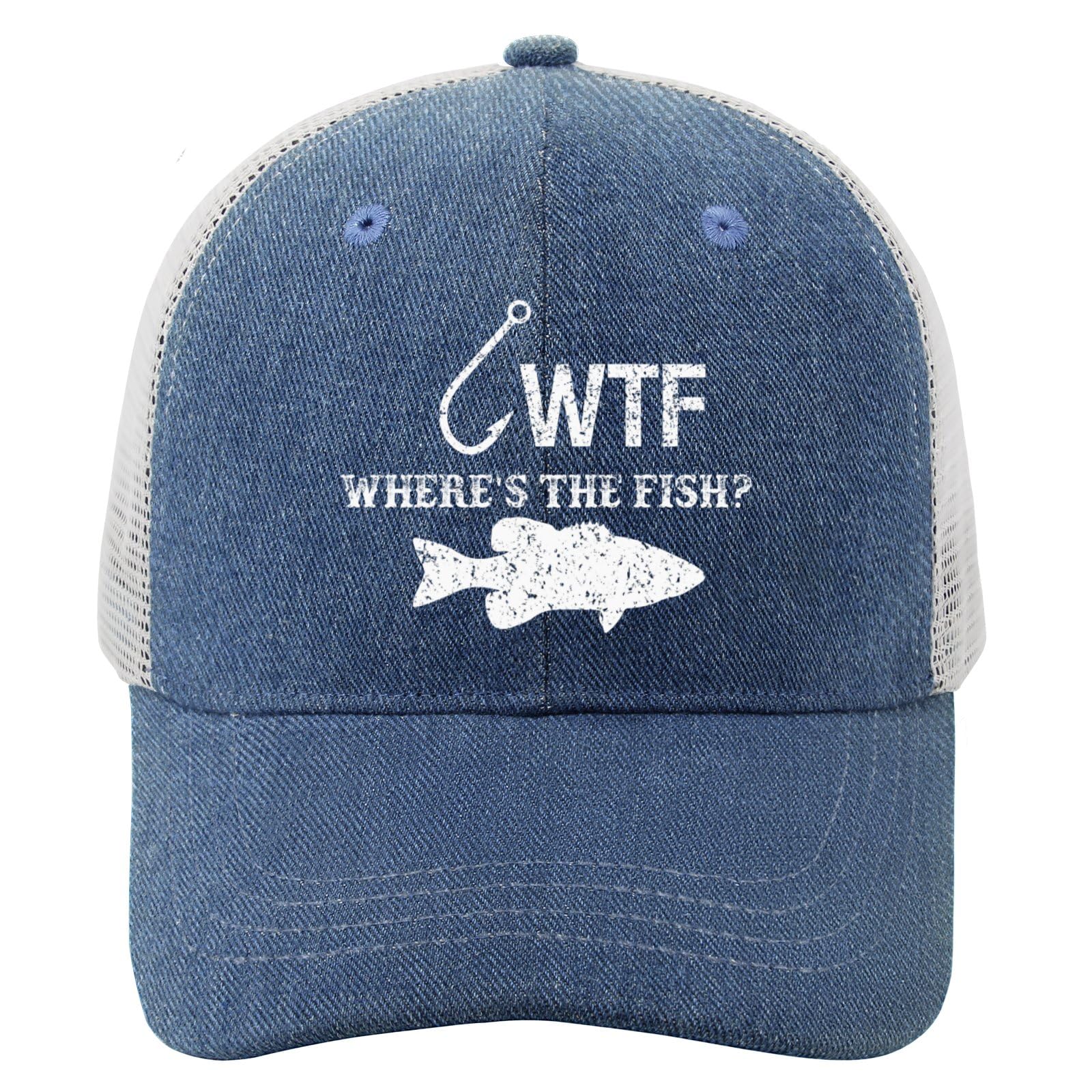 Funny Fishing Trucker Hat WTF Where's The Fish Hat T Golf Hats Cycling Caps SkyBlue