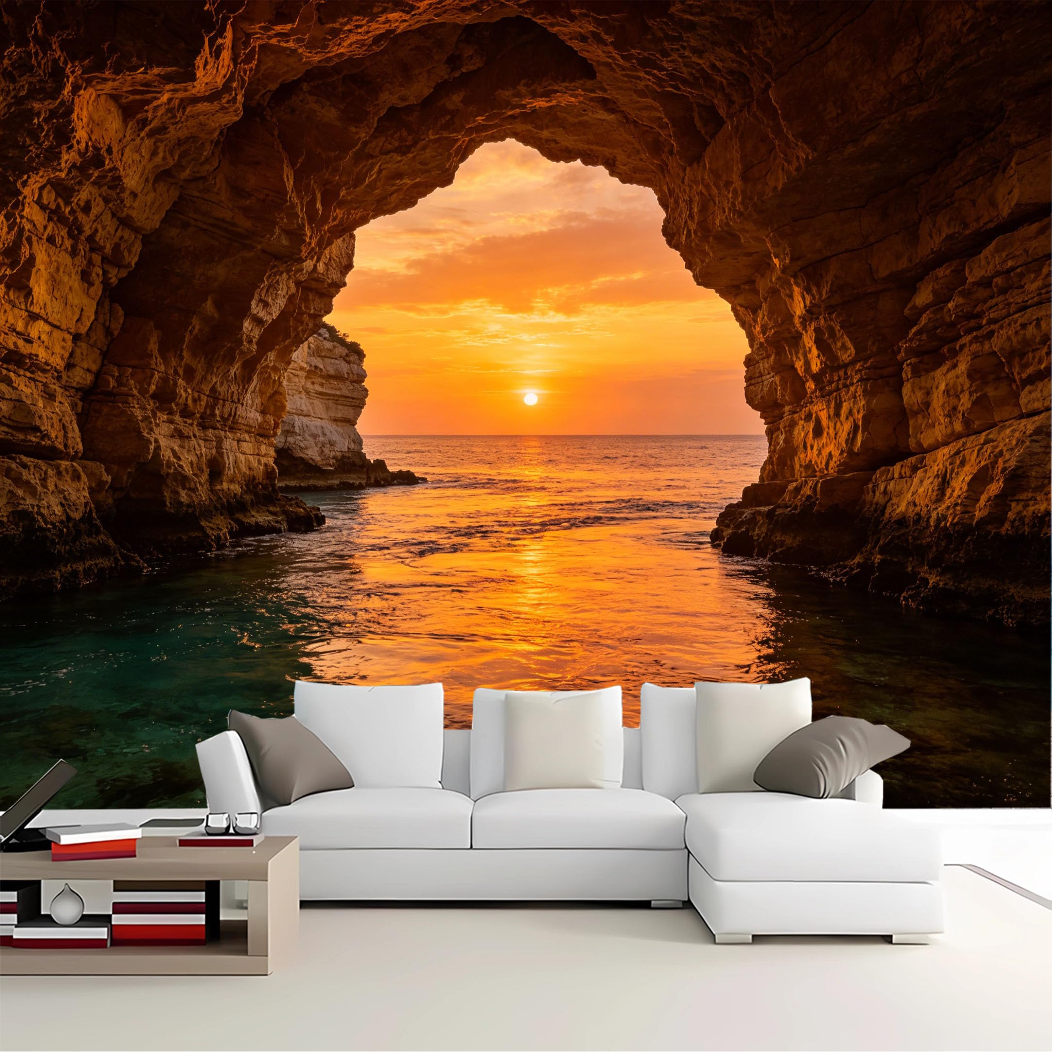 Custom Size Wall Mural Cave View Ocean Sunset Removable Self Adhesive Peel and Stick Wallpaper for Bedroom Living Room Dining Room