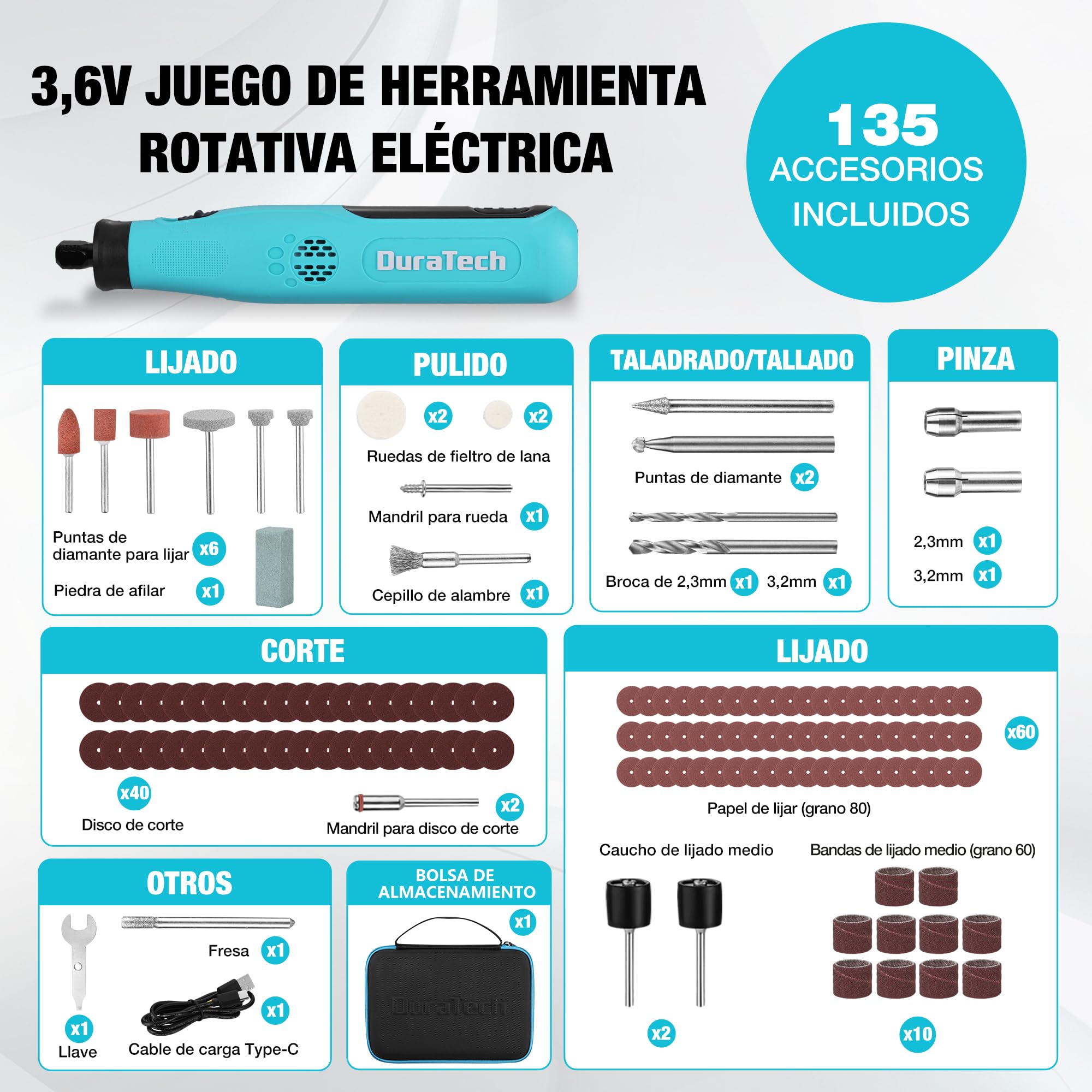 DURATECH Amoladora Inalámbrica de 3,6V, Multiherramienta Recargable de 25000RPM, Herramienta Rotativa con 135 Accesorios, 6 Velocidades Variables, para Cortar, Tallar, Grabar, Perforar
