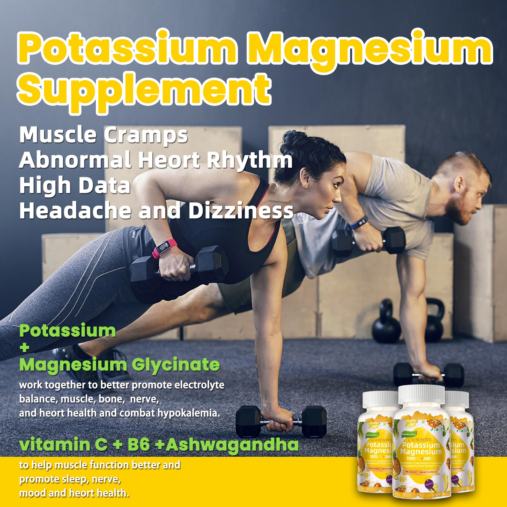 Potassium Magnesium Gummies,High Absorption Magnesium Glycinate,B6,D3,Potassium Citrate for Leg Cramps,Muscle,Electroyte for Adults Kids,Sugar-Free, 60 Gummies (Pineapple) — Amazon image 3