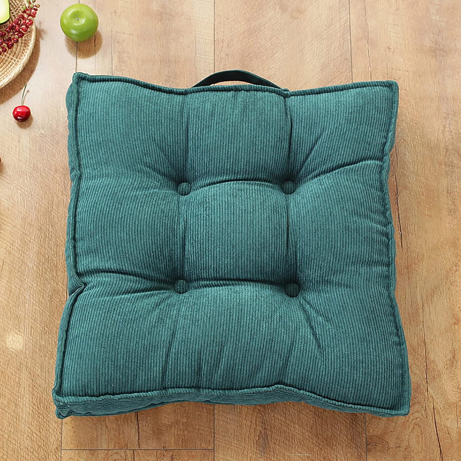 Square Tufted Chair Pad,Portable Corduroy Meditation Cushion Soft Thicken Tatami Seat Cushion with Handle,Velvet Floor Pillow Futon Seat Cushion for Living Room Bedroom Home Decor-Green 50x50cm(20x20i