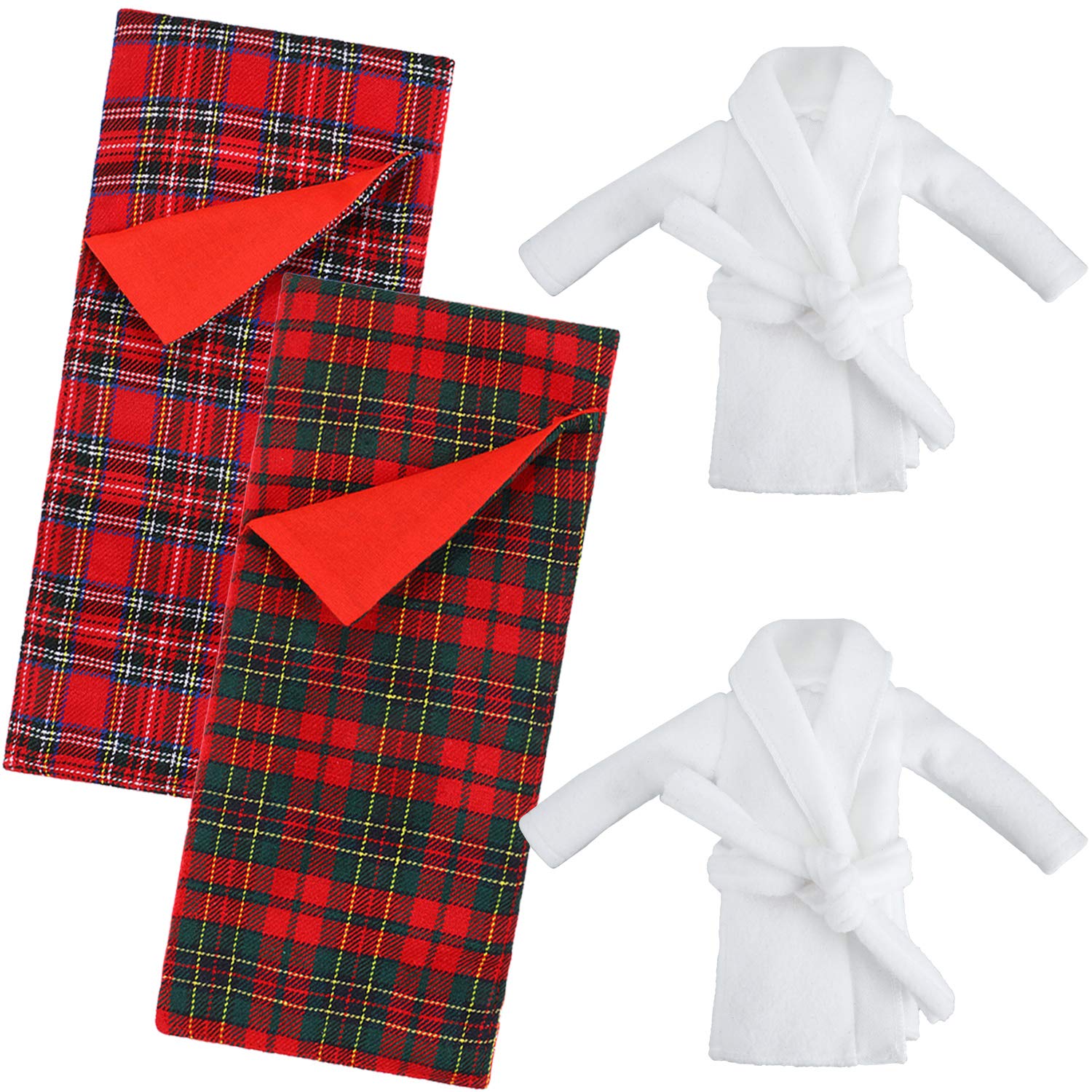 Skylety 2 Pieces Christmas Sleeping Bags Accessory Elf Doll Sleeping Bag Elf Doll Red Green Plaid Sleeping Bag and 2 Pieces White Bathrobes for Elf Doll Decorations (Doll is not Included)