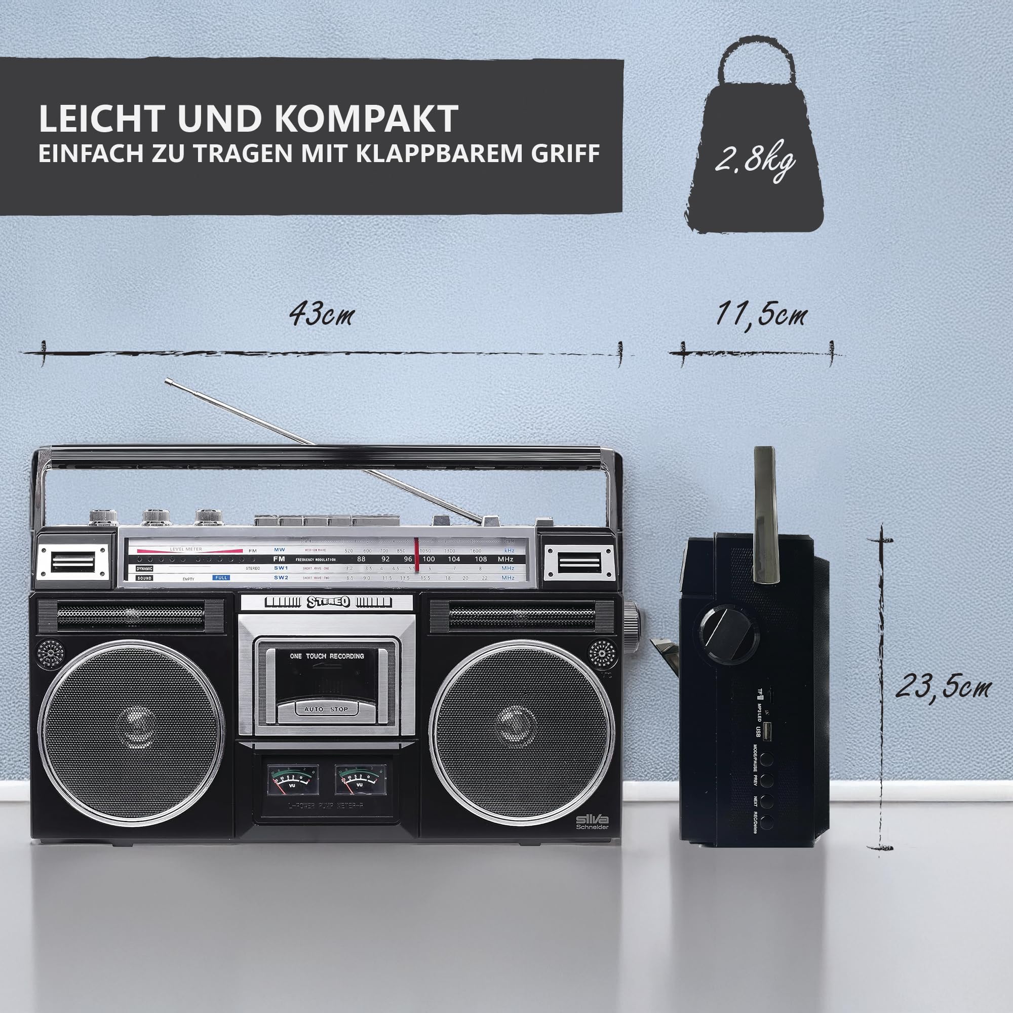 Silva Schneider PCR 1980 BT Tragbarer Retro-Kassettenrecorder mit Bluetooth und Recording Funktion