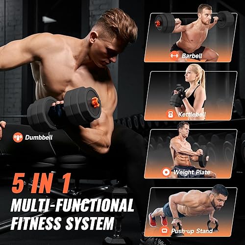 Miniatura 4 de Juego de mancuernas ajustables (254565 libras)  Doble bloqueo reforzado  Pesas de gimnasio 5 en 1 gratuitas utilizadas como barra, pesas rusas,