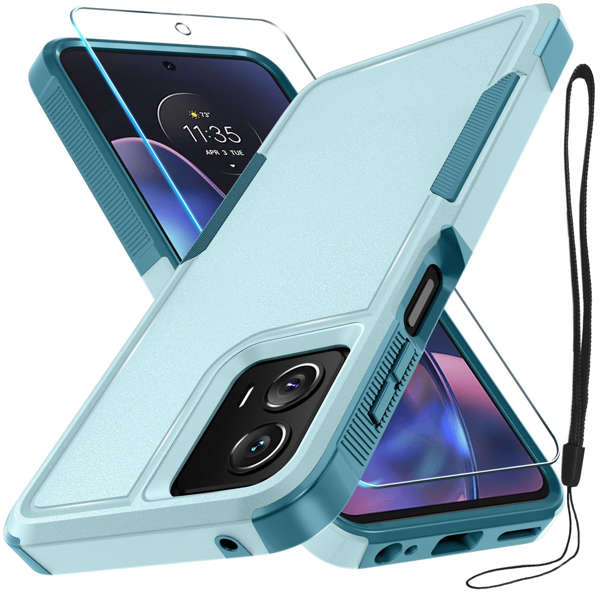 RMOCR Case Compatible with Moto G 5G 2024, Full Body Heavy Duty Rugged Shockproof Protective Phone Cover with Lanyard Strap, Tempered Glass Screen