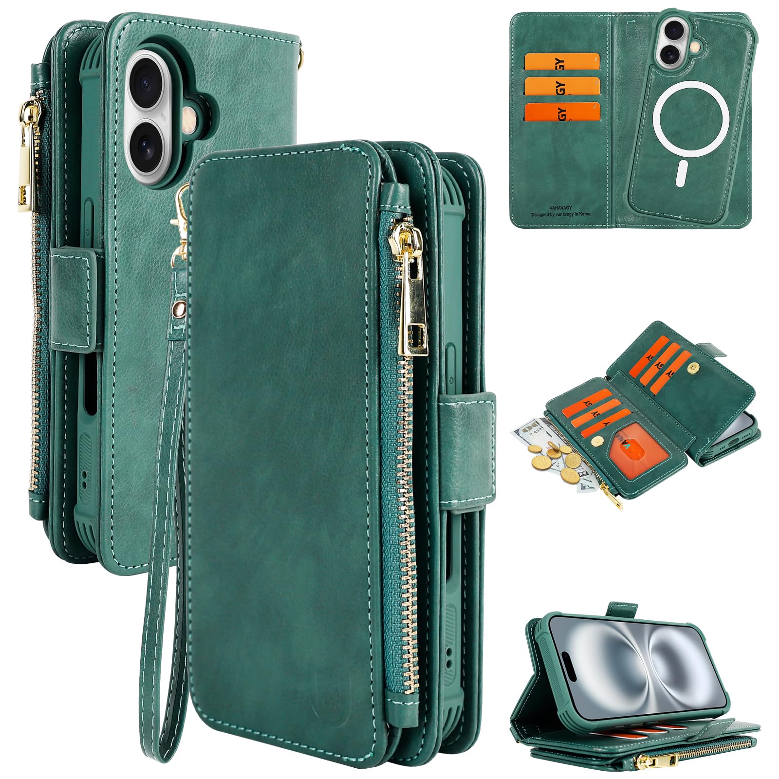 VANAVAGY Compatible with iPhone 16 Case Wallet with Strap RFID Blocking Card Holder for Magsafe, PU Leather Magnetic Flip Wallet Detachable Phone Case