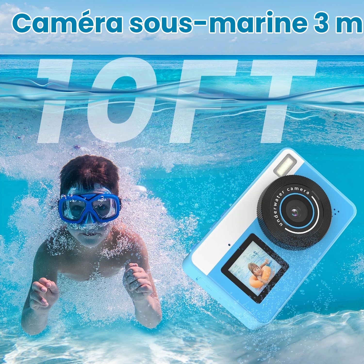 Appareil photo numérique étanche 3 m, caméra vidéo 4K tuba, cadeau Noël, anniversaire, piscine, caméra action 32 Go