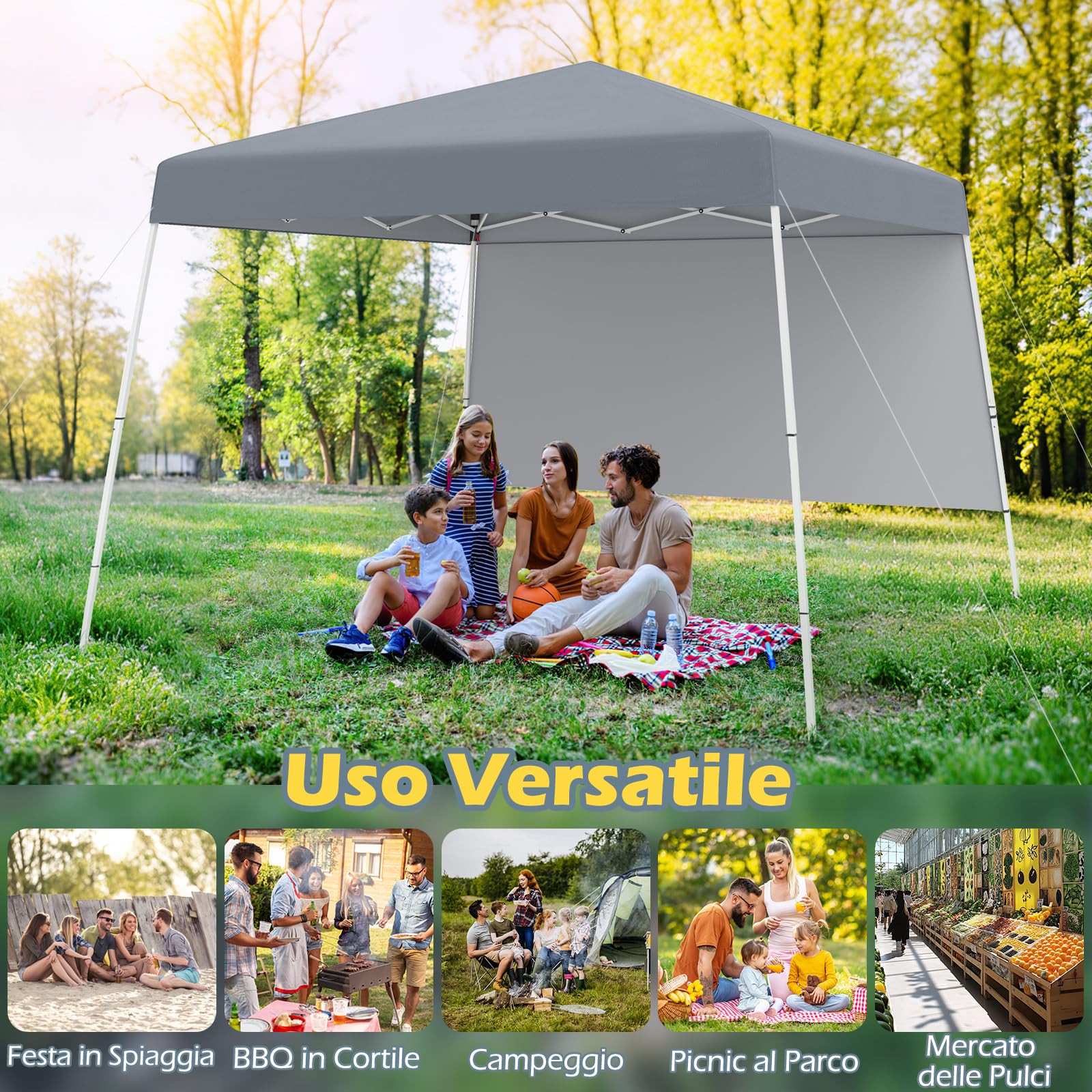 COSTWAY Gazebo Pop-up da Esterno 3 x 3 m, Gezebo Pieghevole con 1 Parete Laterale, Zaino Portatile e 4 Picchetti, Tendone Impermeabile e Resistente per Campeggio e Feste (Grigio)