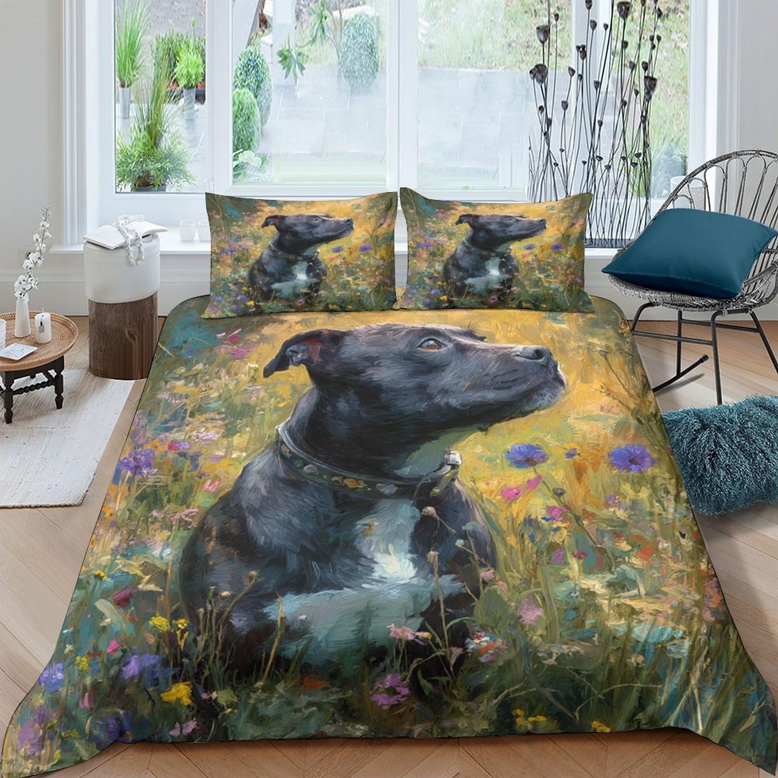 Ctjqhvkz Style-4 3D Printed Black Dog In Wildflower Meadow Fitted Sheet Microfiber Bed Cover For Bedroom Guest Room Decor Mattress Protection Single（135X200cm）
