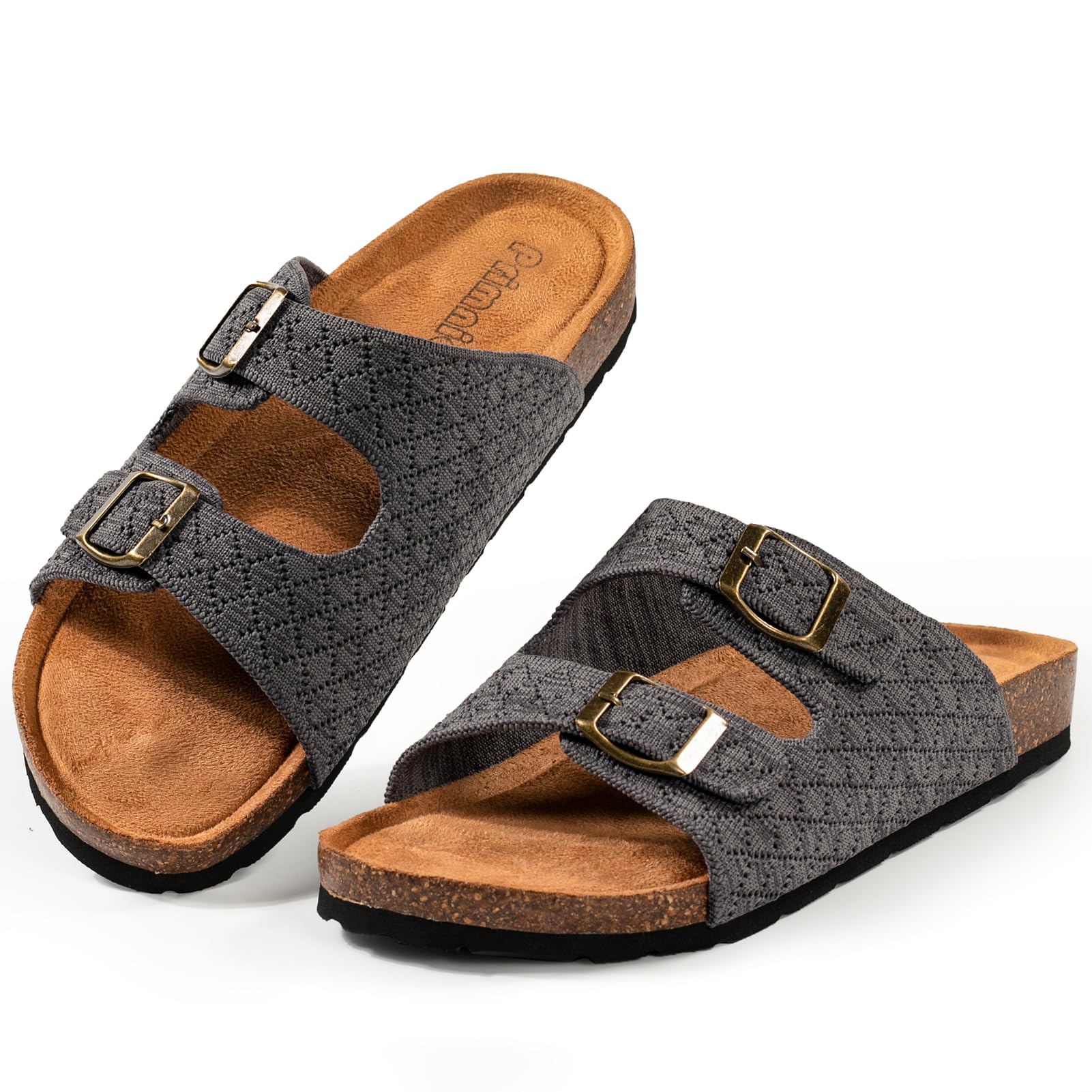 PRIMNICE Women's Comfy Arch Support Cork Footbed Adjustable Knitting Straps Indoor and Outdoor Slides Sandals