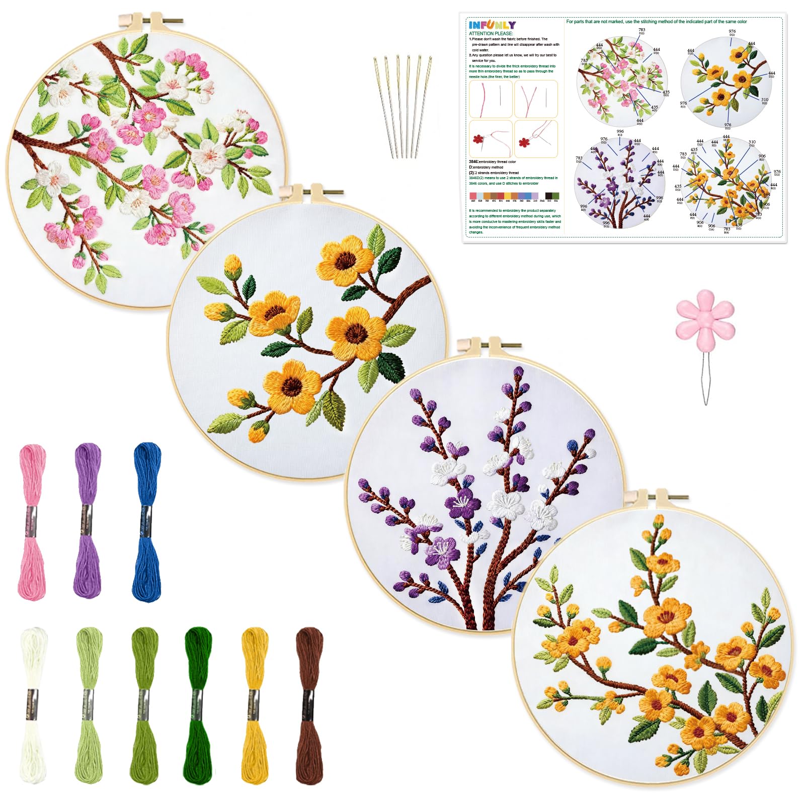 INFUNLY 4 Pack Seasons Flowers Embroidery Starter Kit for Beginners Branches Leaves DIY Embroidery Kits for Adults Stamped Needlepoint Set with Step-by-Step Instructions Threads Craft Lover Gift