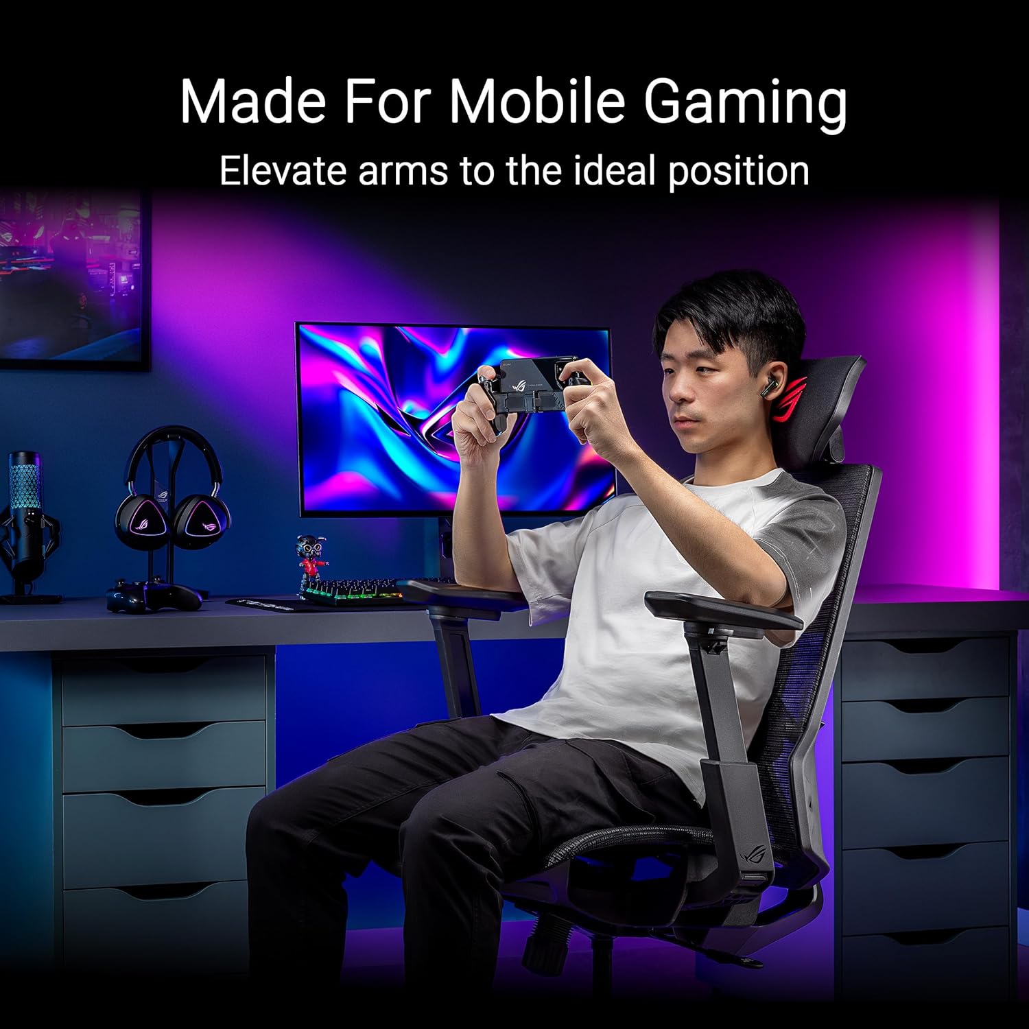 ASUS ROG Destrier Core Ergo Gaming Chair, Futuristic Cyborg Aesthetic, Versatile Seat Adjustments, Mobile Gaming Arm Support Mode, Acoustic Panel