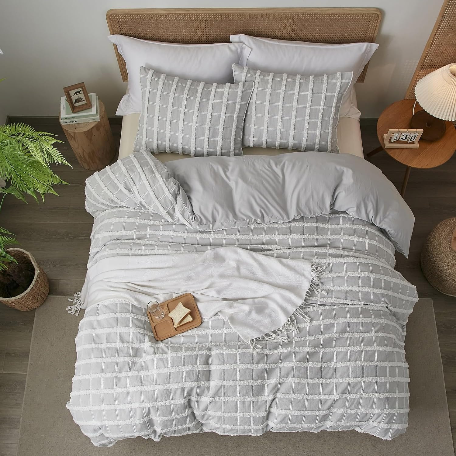 Ranunculus Tufted Queen Duvet Cover Set, Fluffy Washed Microfiber Stripe Duvet Cover Queen Size with Button Closure & 2 Pillow Shams for All Seasons, Comforter Not Included (Grey Check, 90"x90") - Image 6