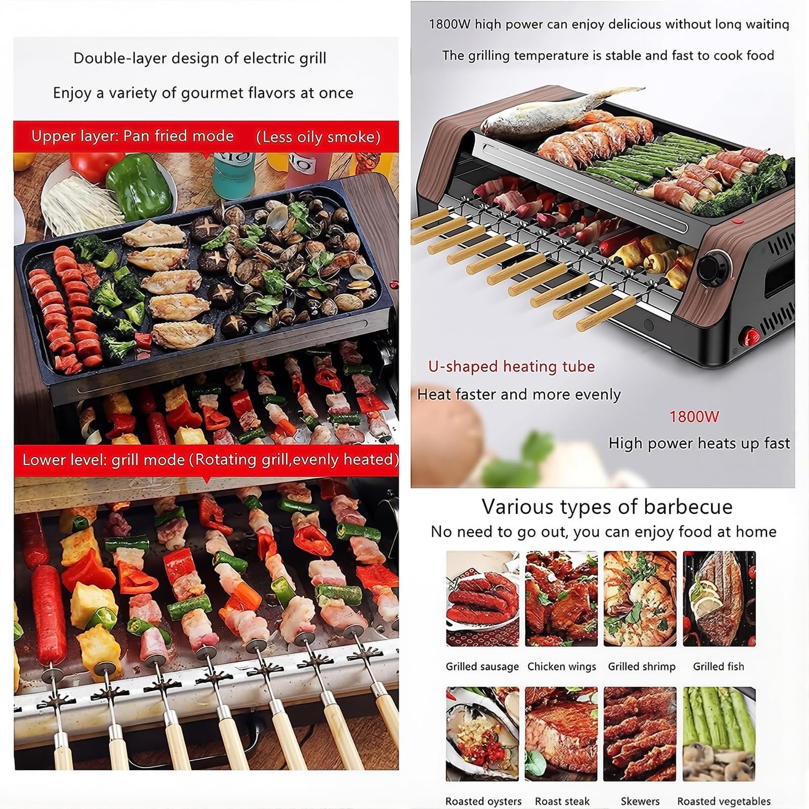 Elektryczny grill do grilla, dwuwarstwowy rożen stołowy 1800 W do domu, ogrodu, na kemping i imprezy plenerowe