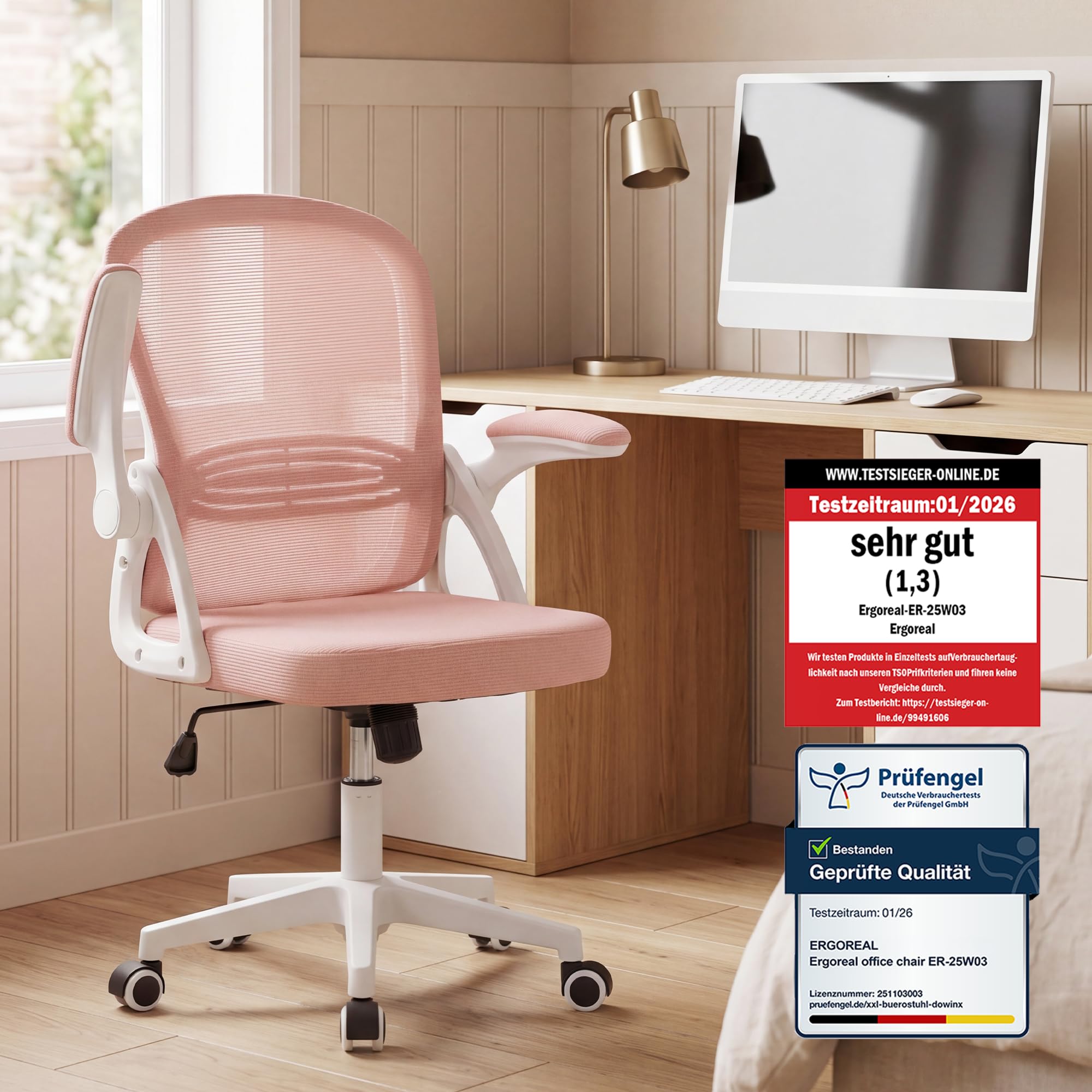 Ergonomischer Bürostuhl, 90-110° Verstellbare Rückenlehne & Aufklappbare Armlehnen (90°), Bürostuhl mit Rollen & Höhenverstellung,Homeoffice & Arbeitszimmer (Kirschblütengrau)