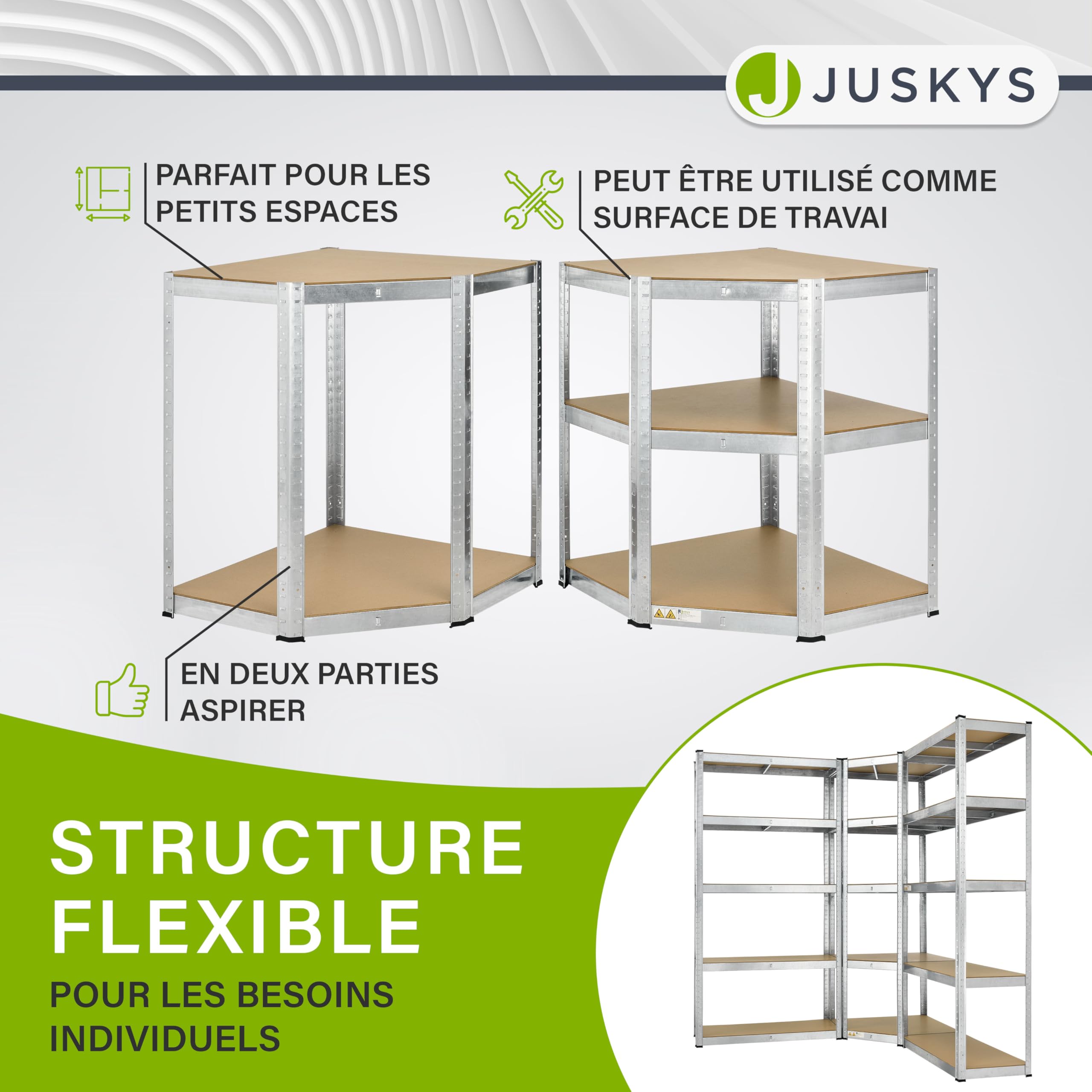 Juskys système de 3 étagères Basic| 1 étagère d'angle et 2 étagères de Stockage | 15 Planches en Bois MDF | 2 625 kg | Étagères pour Charges Lourdes étagère de Stockage étagère de Cave (argenté)
