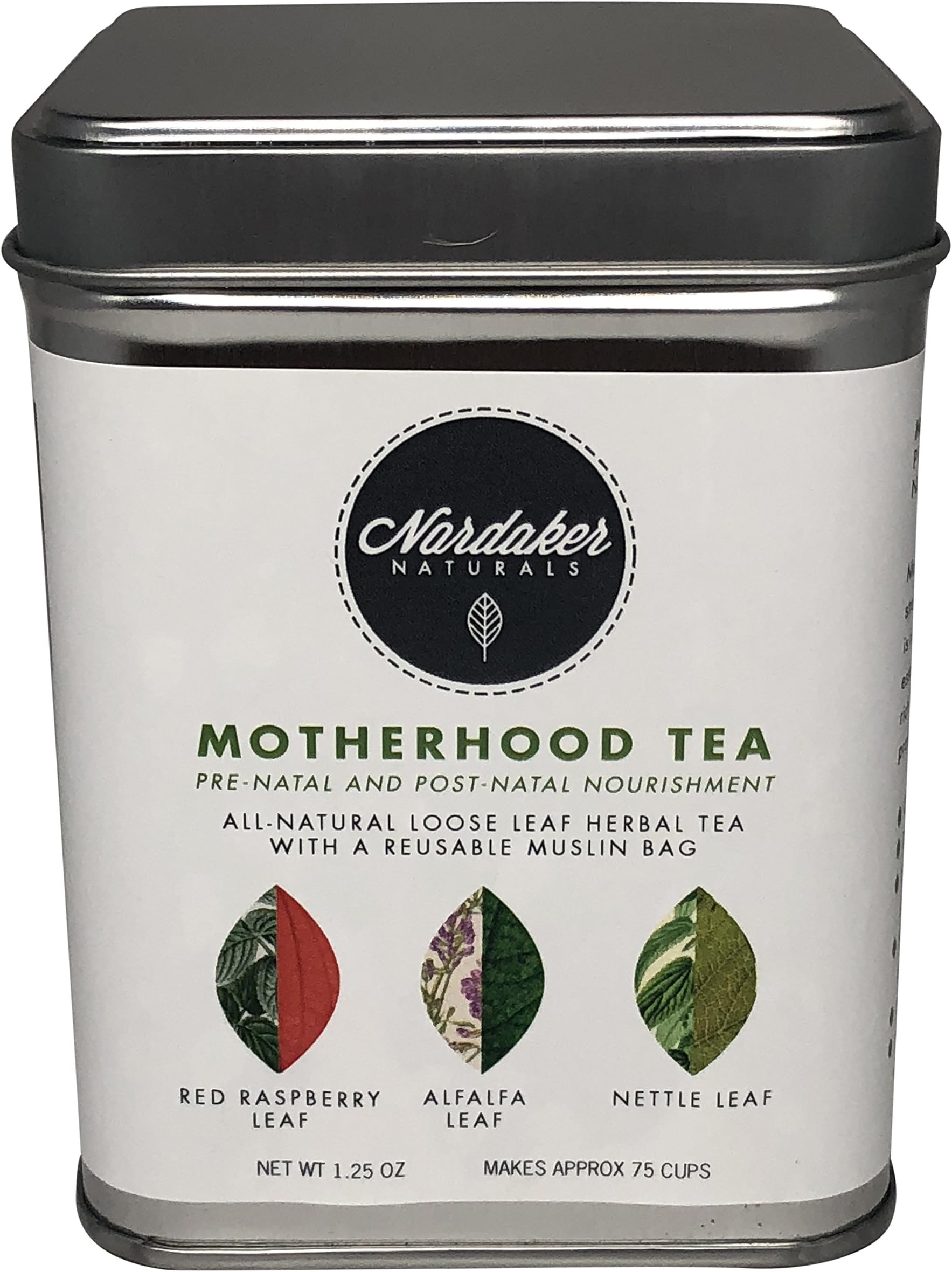 Motherhood Tea, Pre-Natal and Post-Natal Nourishment, All-Natural Red Raspberry, Nettle and Alfalfa Loose Leaf Herbal Tea, Reusable Muslin Bag, 1.25 Ounce Makes 75 Cups