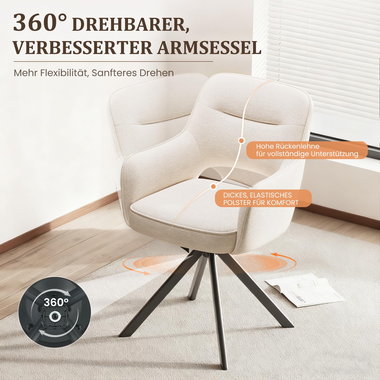 COLAMY Drehbare Esszimmerstühle 4er Set mit Armlehnen, Drehbare Polsterstühle für Küche & Esszimmer aus weichem Florstoff mit Metallgestell und Rückenlehne, für Esszimmer, Küche, Büro,Beige