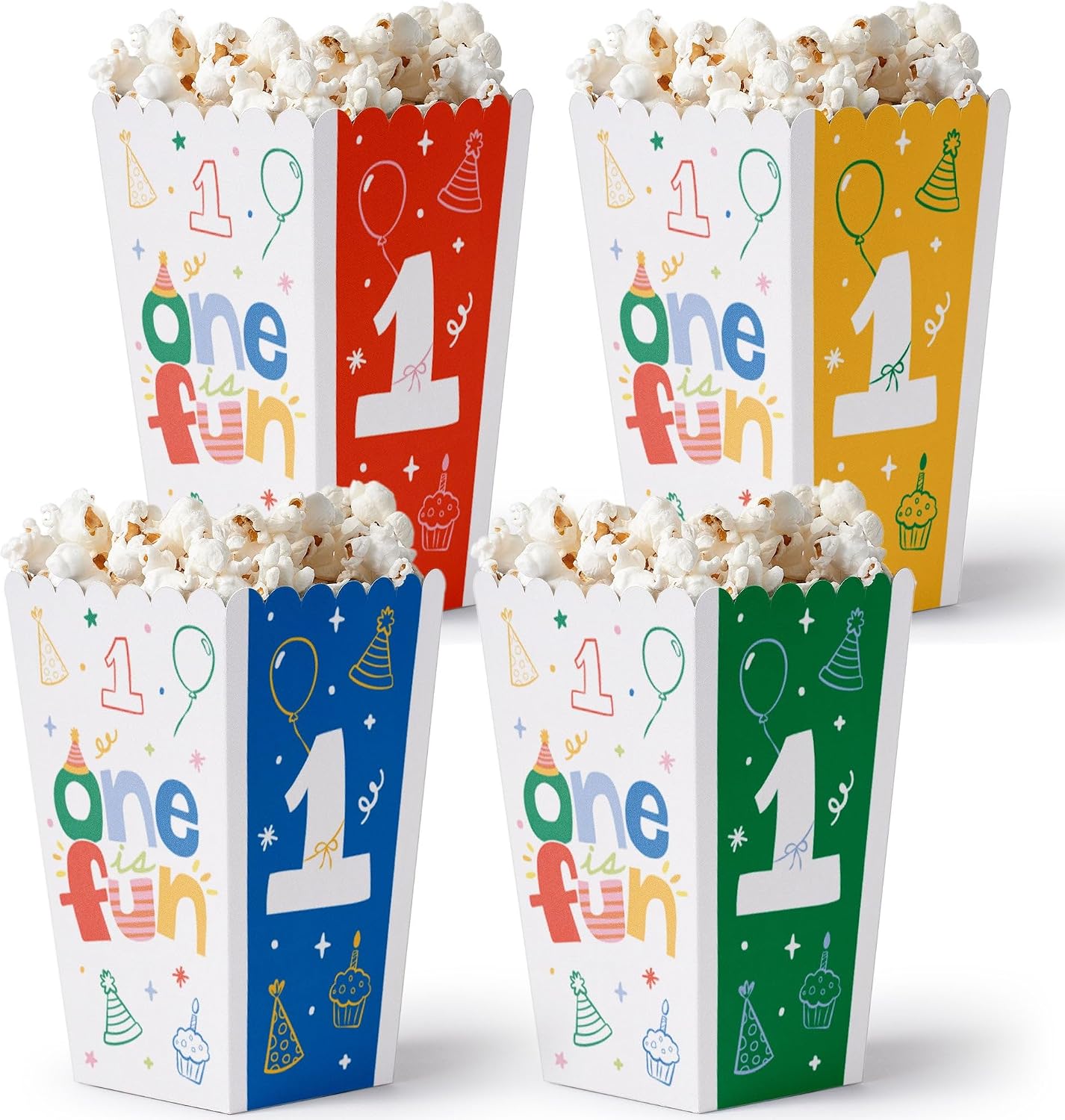 One is Fun Popcorn Boxes - 1st Birthday Party Treat Boxes - 12 Ct | Treat Box for Snacks, Candy, Small Party Favors, Colorful First Birthday Party Supplies, Heavy-duty Cardstock, USA-made