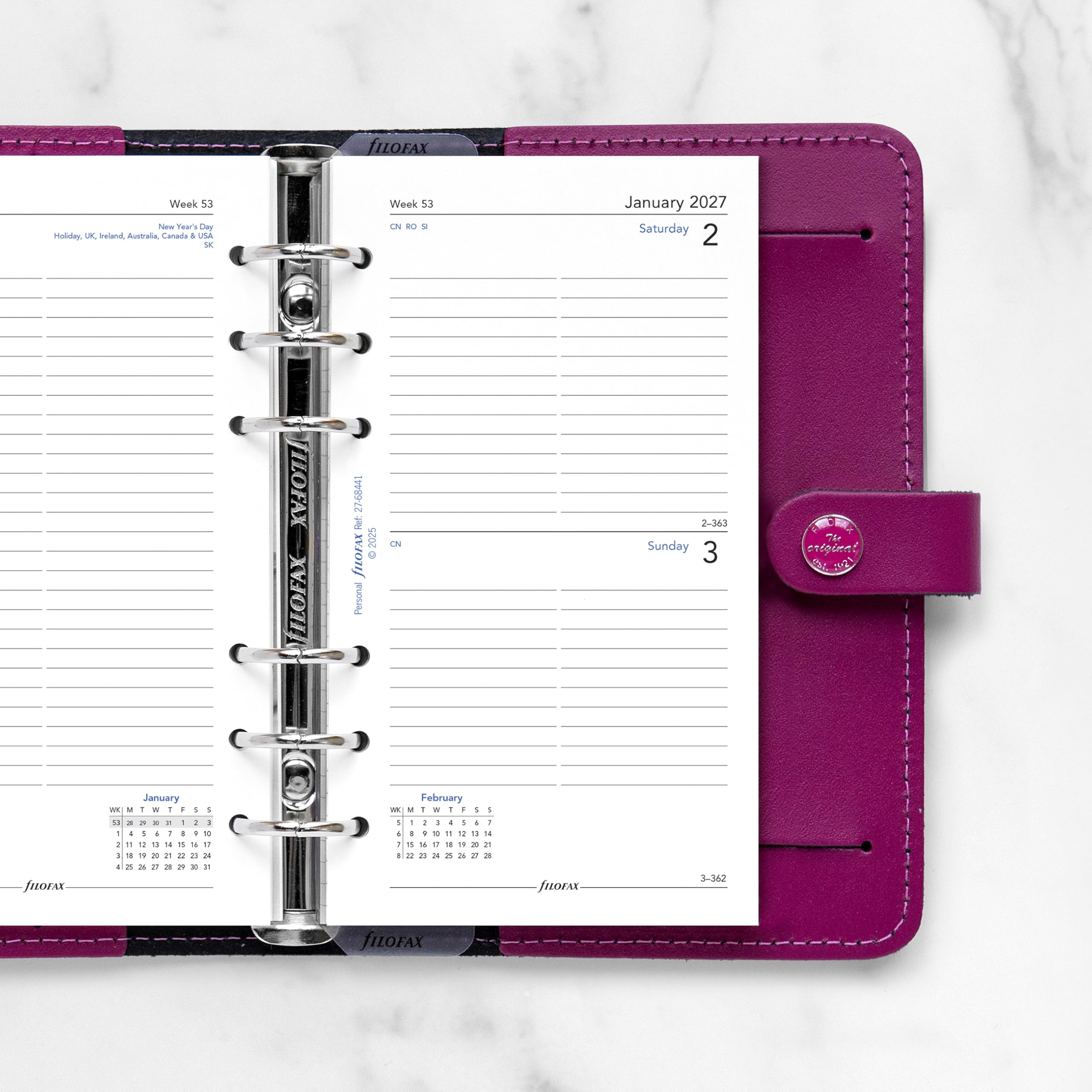 Filofax Recharge d'agenda pour calendrier, format personnel/compact, un jour sur une page avec rendez-vous, ligné, papier blanc, anglais, 2027 (C68441-27)