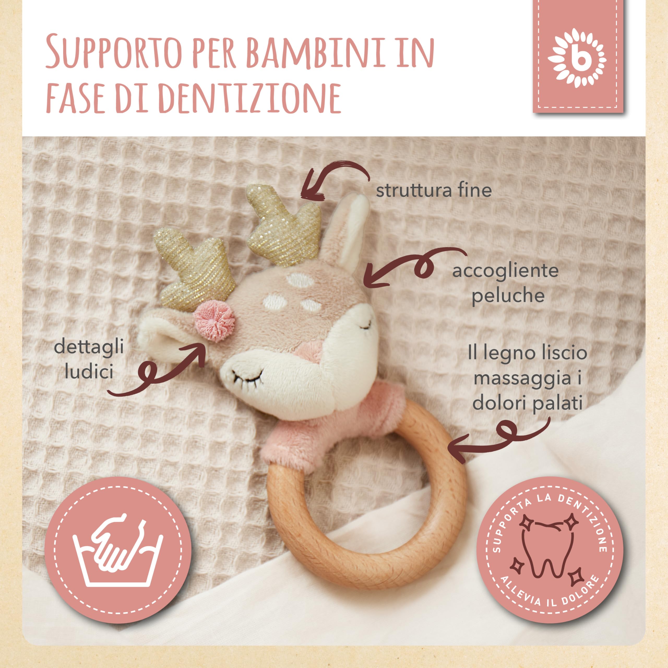 Bieco Sonaglio ad anello per neonati | Cervo Ø 10 cm | Lunghezza 17 cm | Sonaglio giocattolo con anello in legno | Giocattoli sensoriali | Giocattoli per bambini 0-6 mesi | Sonaglio in tessuto |