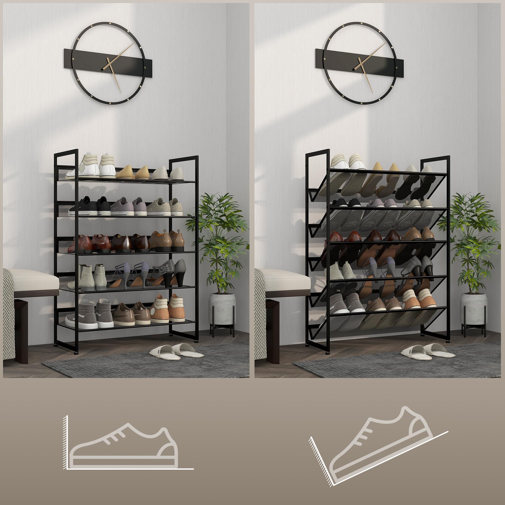 kleines Schuhregal Schuhablage Schuhständer hoch schmal, 5 Regale, 72 cm x 30 cm x 102 cm, Schwarz