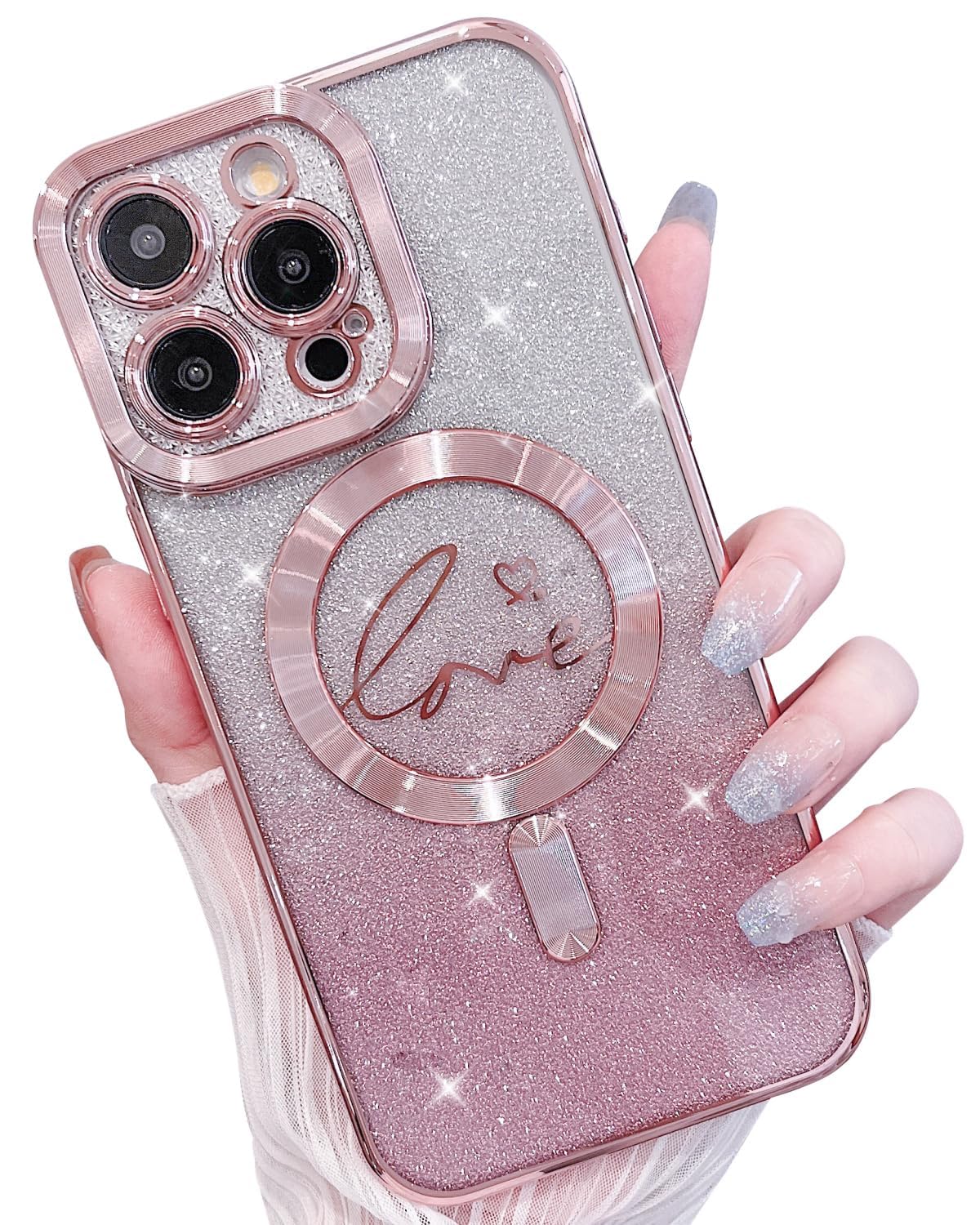 MINSCOSE for iPhone 15 Pro Max Clear Magnetic Glitter Phone Cases [Compatible with Magsafe],Luxury Love Heart Plating Bling Gradient Sparkle Shockproof Cover for Women Girls,Pink