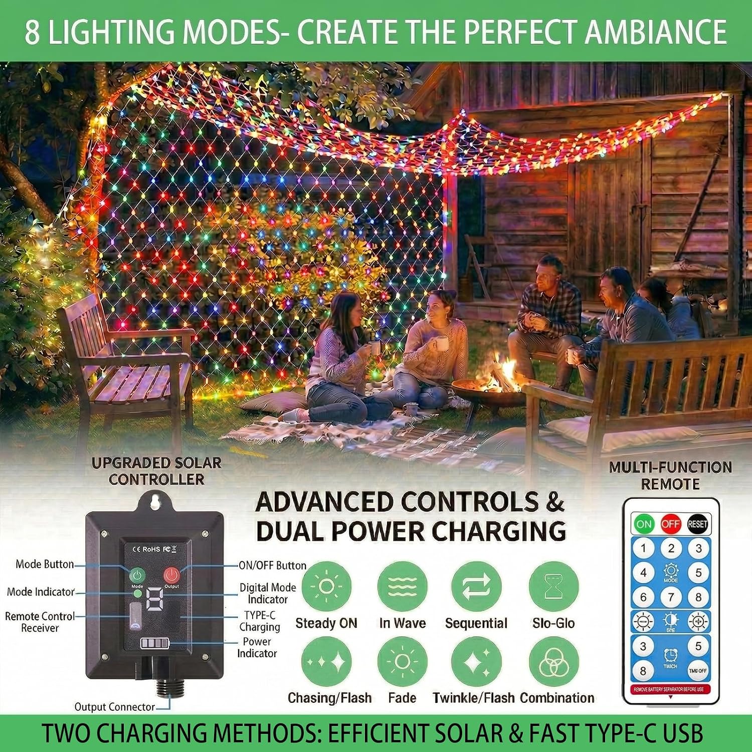 Pooqla Solar Net Lights, 10x10ft 280LED Gazebo Net Lights Outdoor with 8 Modes, Solar & USB Powered Waterproof String Lights Clear Wire, Chandelier for Pergolas, Patio, Bush, Backyard Decor Colorful
