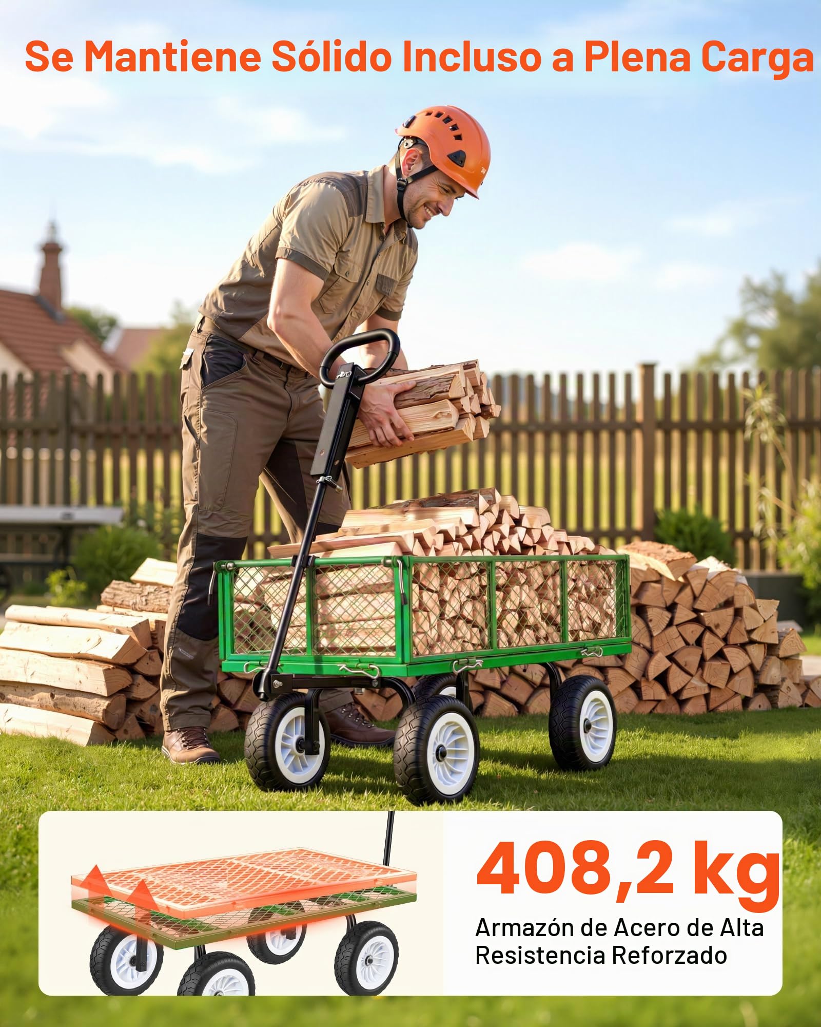 VEVOR Carro de Jardín con Ruedas, Carro de Mano Capacidad Máxima 408 kg, Acero Reforzado con Neumáticos, Asa Ajustable, Paneles Laterales Desmontables para Exterior Transporte de Carga Pesada, Verde