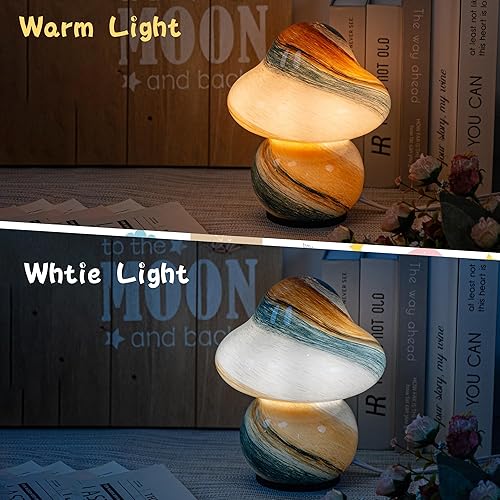 Miniatura 10 de COOSA Lámpara de hongo, lámpara de mesita de noche de cristal, lámparas de noche, bonita lámpara de escritorio pequeña para decoración del hogar,