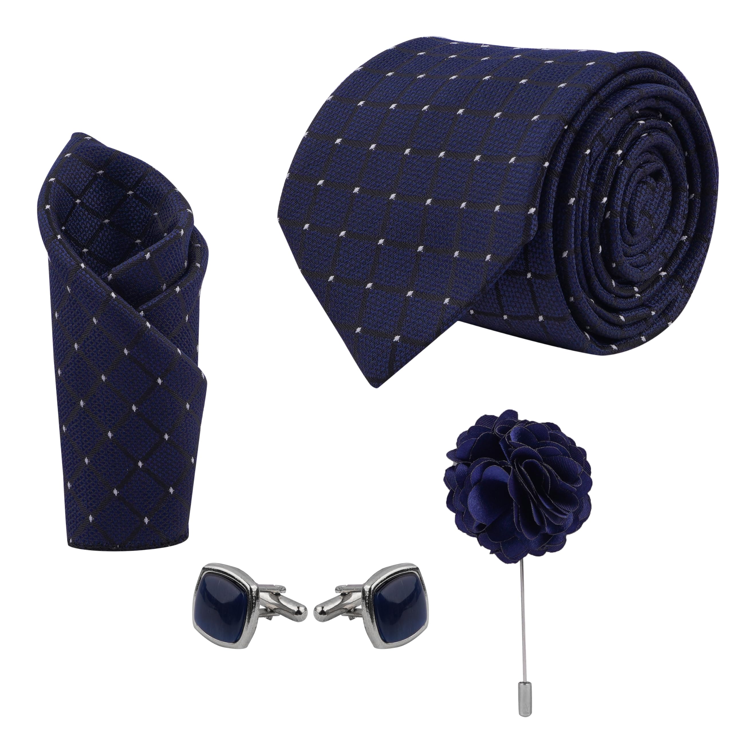 calixto Men'S Navy Blue Color Square Pattern With White Dots. Micropoly Formal Necktie With Pocket Square, Silky Feel (Pack Of 4).-picture-16