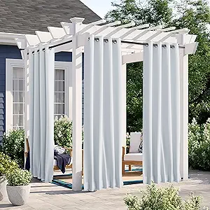 NICETOWN 2 Panels Fixed Outdoor Curtains Waterproof for Patio, Thermal Insulated Top & Bottom Grommet & Back Tab Light Blocking Outdoor Drapes Windproof with Bouns Rope, W46 x L90, Greyish White