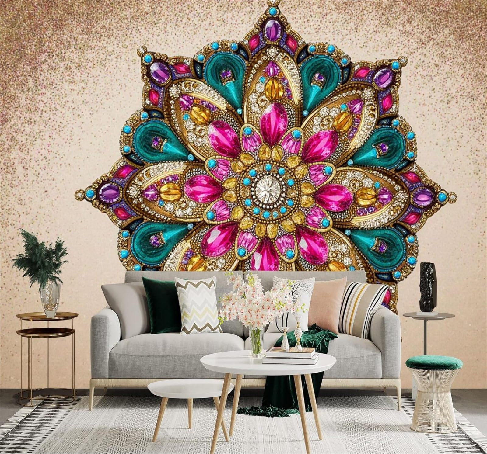 Tzxztt Colourful Flowers Patterns Gemstones Golden Texture Modern 3D Wallpaper Premium Textured Silk Neutral Tones Material Ideal for Living Room Bedroom-400cm×280cm