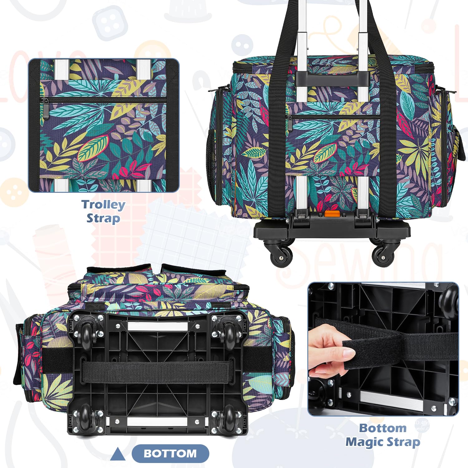 Nähmaschinenkoffer mit Rollen, Rolltasche für Nähmaschinen mit abnehmbarem Bodenpolster und Mehreren Aufbewahrungstaschen, kompatibel mit Singer und Brother, Blumenmuster mit Trolley, 17.3 x 9 x 13.4