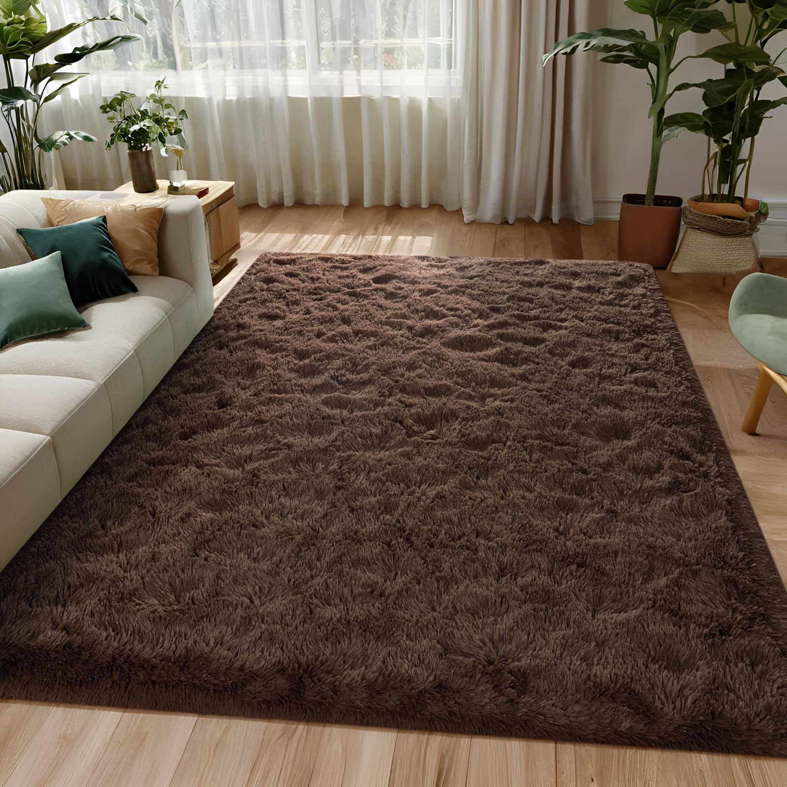 FALARK 5x7 Ft Shag Area Rug for Living Room Bedroom, Dark Brown High Pile Soft Plush Shaggy Furry Bedside Carpet, Non Slip Modern Indoor Floor Rugs