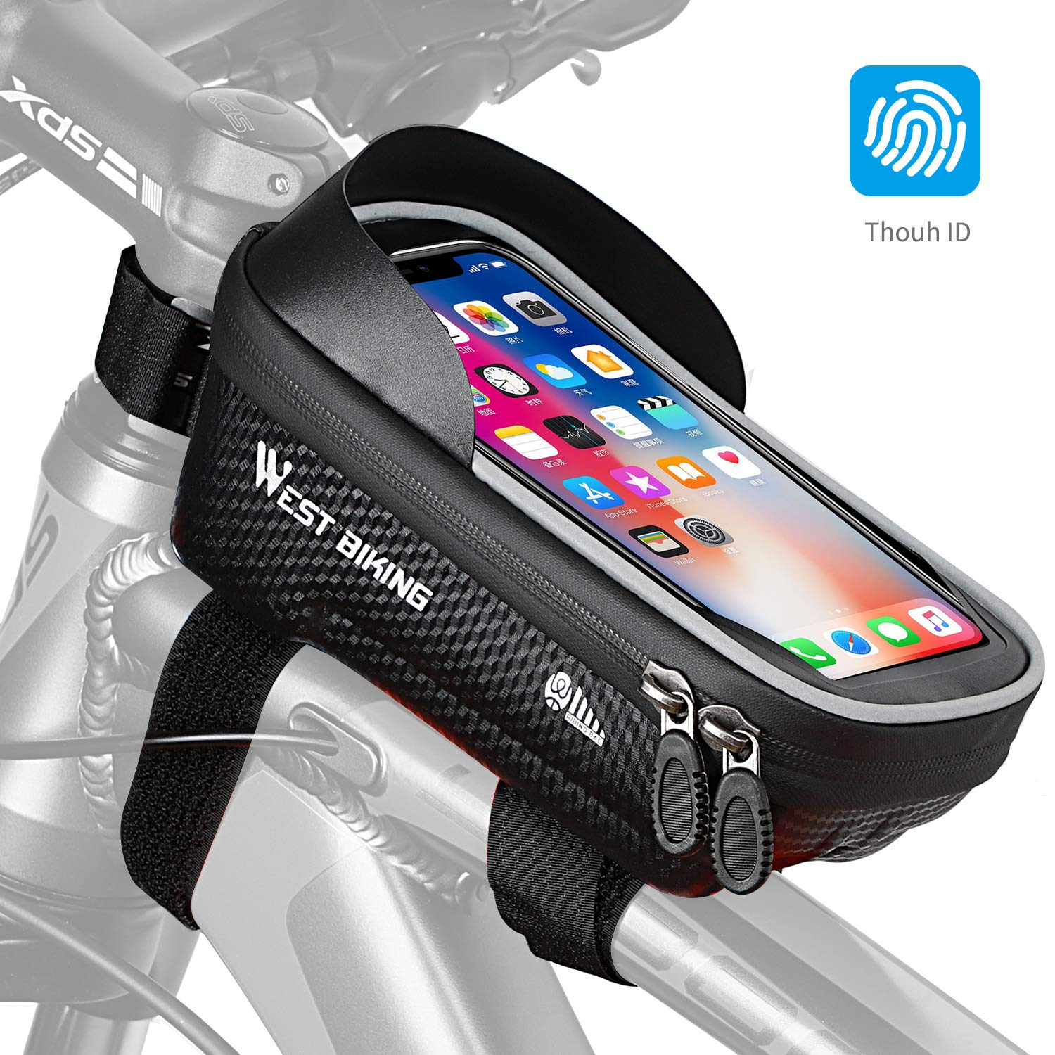 Bicycle Frame Bag with Mobile Phone Holder, Waterproof Bicycle Top Tube Pouch with Touch Screen for Large and Small Smartphones Mount