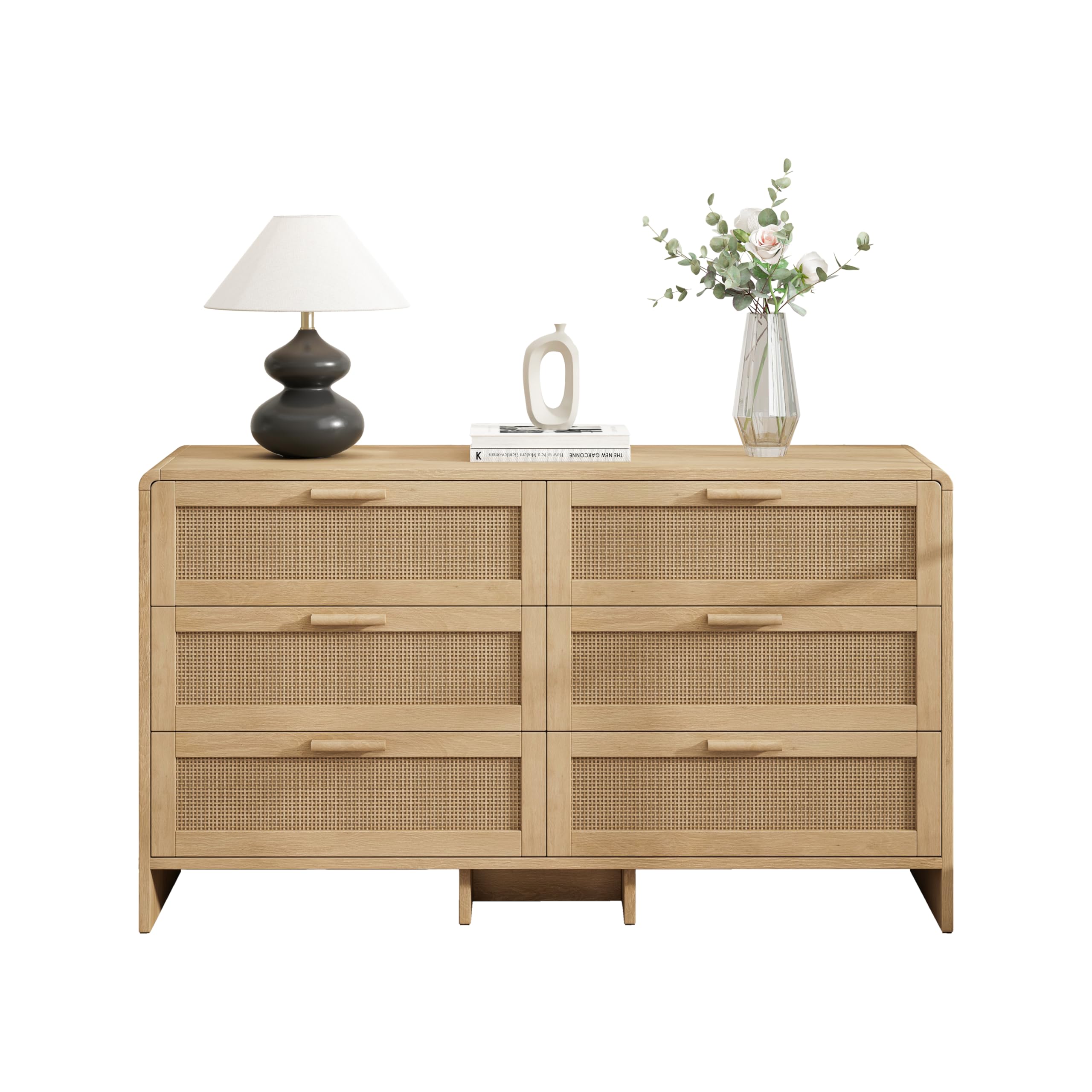 Muskel Elegante cómoda de ratán de 130 cm con 6 cajones, diseño curvado para esquinas pequeñas, crea espacio de almacenamiento decorativo para salón, dormitorio o pasillo