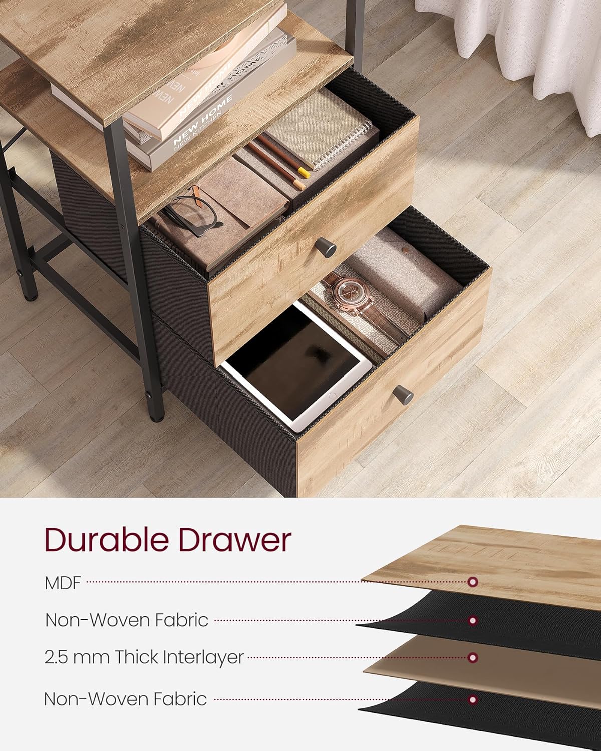 VASAGLE Nightstand, Side Table with 2 Fabric Drawers, 24-Inch Tall End Table with Storage Shelf, Bedroom, Camel Brown and Black ULGS025K50