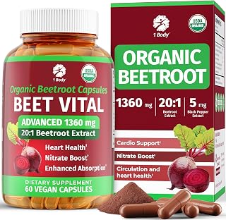 1 Body Beet Vital, Organic Beetroot Capsules for Circulation, Energy, & Stamina, Nitric Oxide Booster Beets Supplements with 1360mg Beetroot Extract, Vegan, Non-GMO - Beet Root Supplements, 60 Count