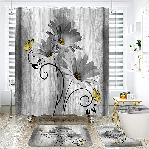 Vista 10 de Onalasyc - Juego de 4 cortinas de ducha con flores de margaritas azules, cortina de ducha y alfombra y accesorios, juego decorativo de cortina