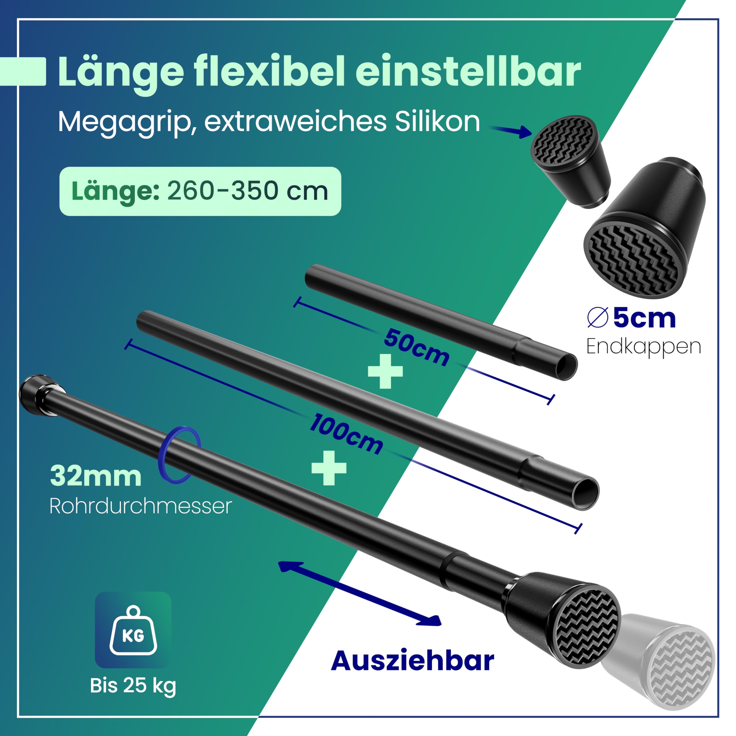 LOBUX® - Bastone per tende senza fori [nero, 260 – 350 cm) – Asta telescopica allungabile – Asta doccia senza fori – Asta per tenda da doccia, asta appendiabiti, asta di serraggio per gatti