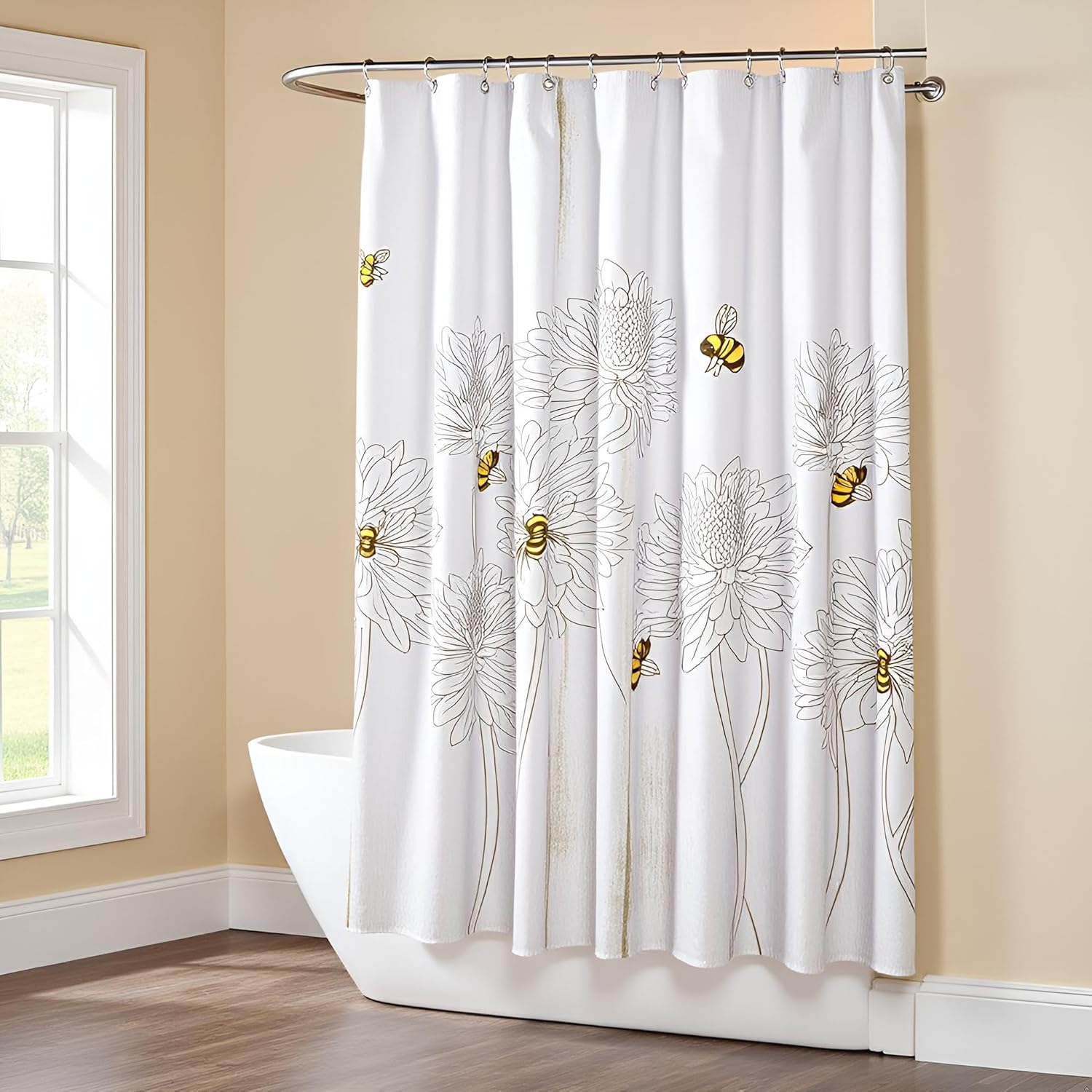 FuShvre Bee Shower Curtain Bumble Bee Floral Bathroom Decor for Farmhouse Honey Bee Bath Curtain Set Waterproof Fabric Hooks Included 72" x 72"