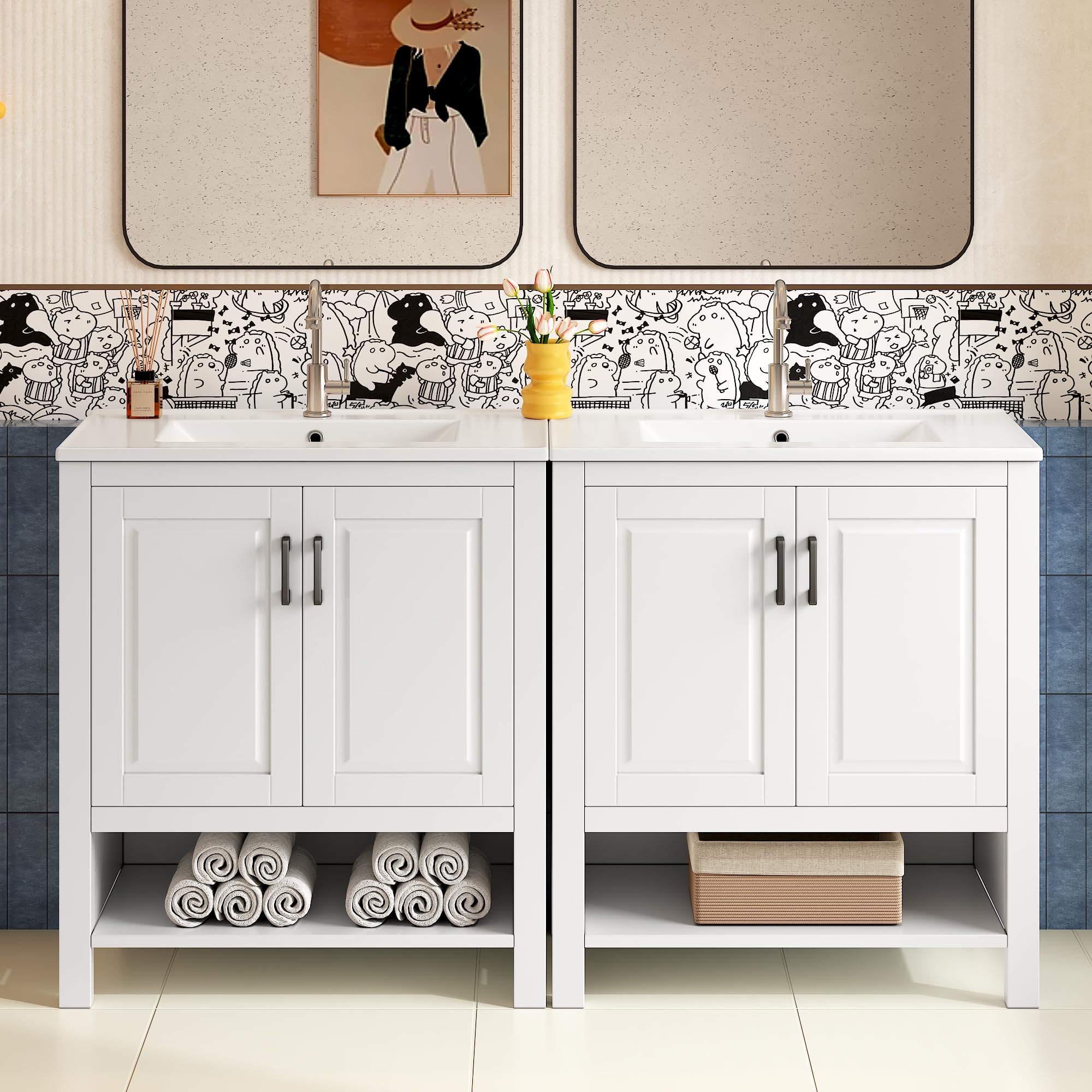 Mueble de baño con lavabo integrado de cerámica SACOOL lacado blanco