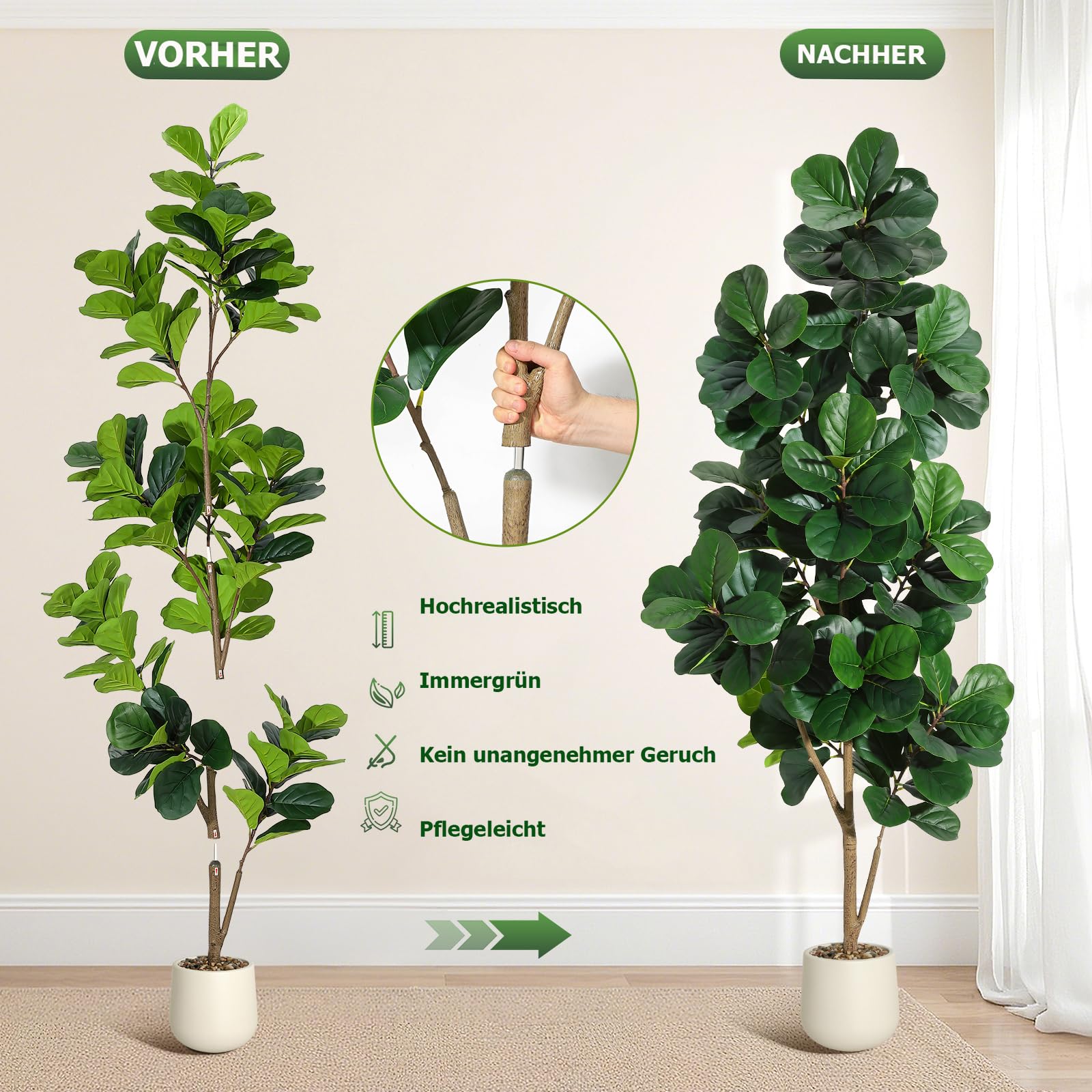Garvee sztuczna roślina figowiec 210cm duże sztuczne rośliny z kruszywem i mchem, plastikowe rośliny z białym doniczkiem i kruszywem, do dekoracji domu, dekoracja pokoju, dekoracja sypialni