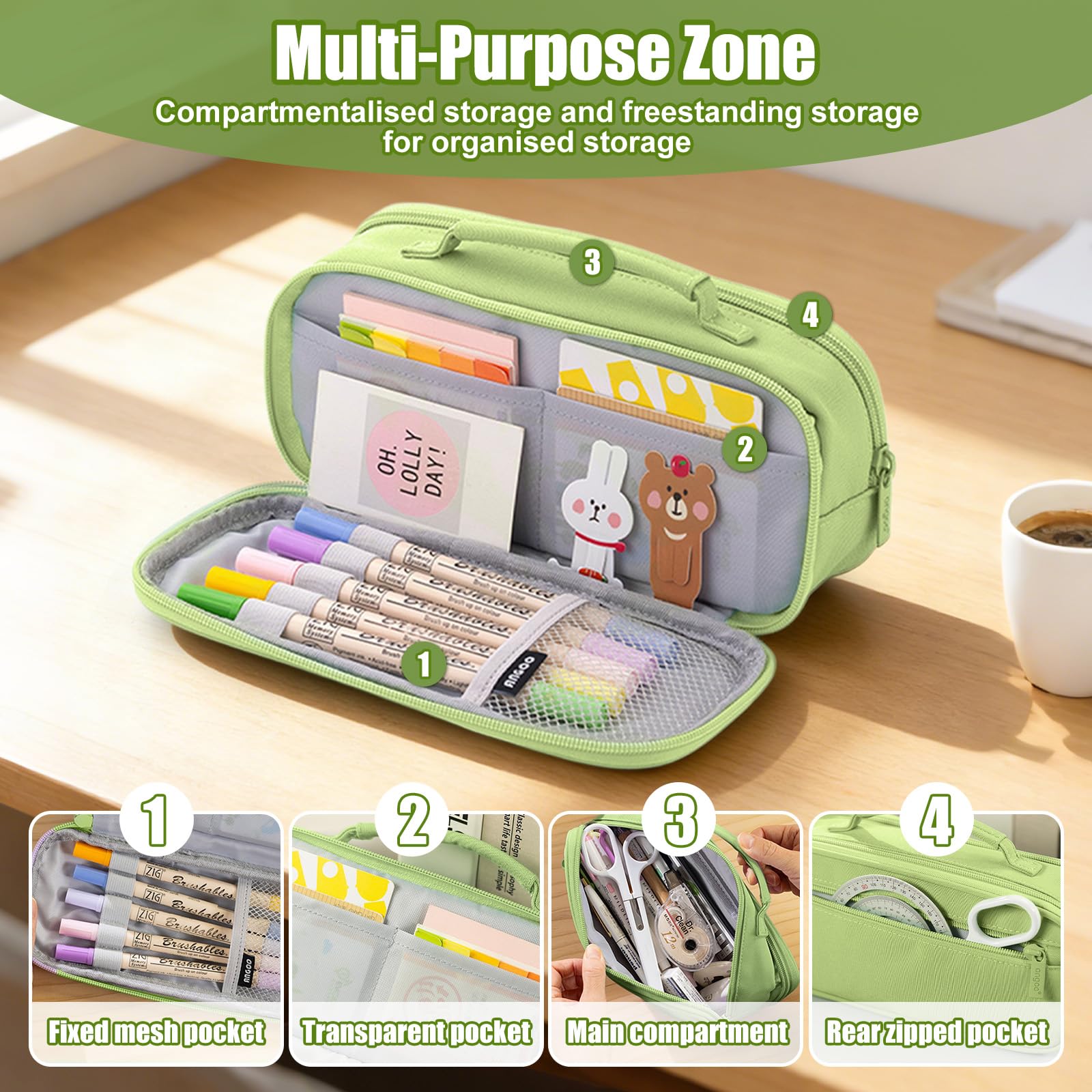 flintronic Trousse à Crayons Grande Capacité, Trousse Scolaire Zippée, Sac de Papeterie Organisateur, avec Compartiments et Poignée, pour Papeterie, Cosmétiques, Articles de Toilette - 3