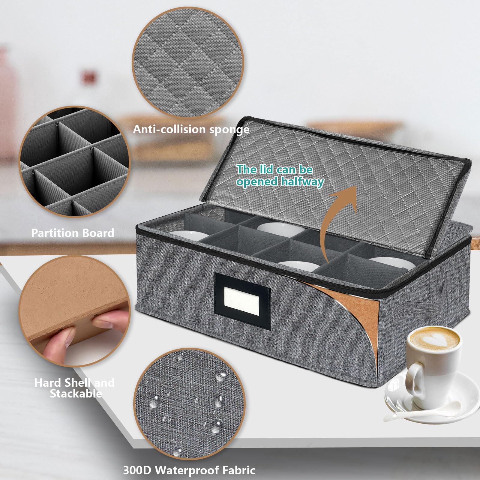 Porta Tazze E Coperchi 2 Pezzi - Organizer Regolabile 4 Scomparti Con Dispenser Per Cannucce - 3