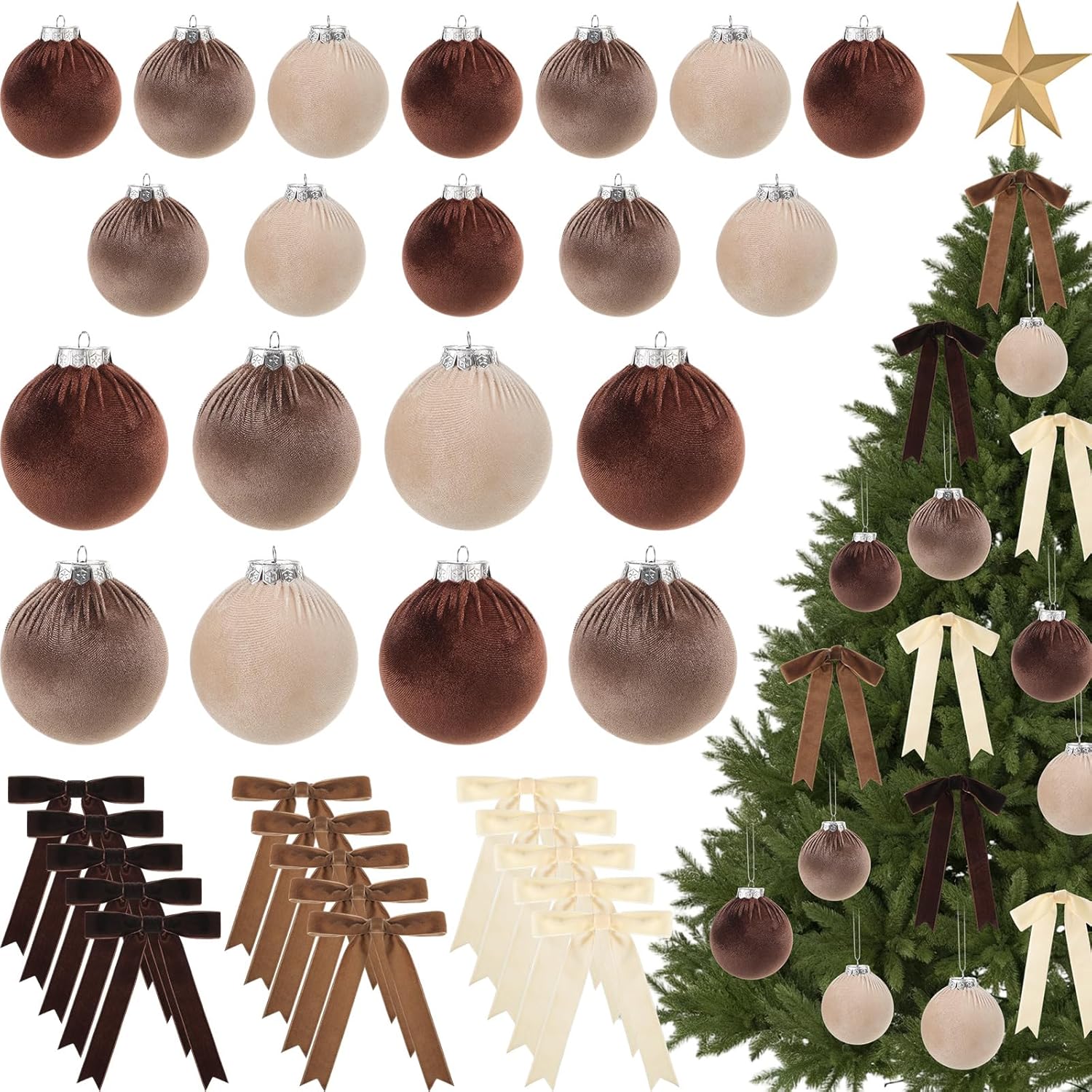 Riceshoot 44 Pcs Velvet Christmas Tree Ornaments Set Include 20 Christmas Balls and 24 Vintage Bows Multicolor Hanging Xmas Tree Ornaments Holiday Party Decorations (Brown,Neutral)