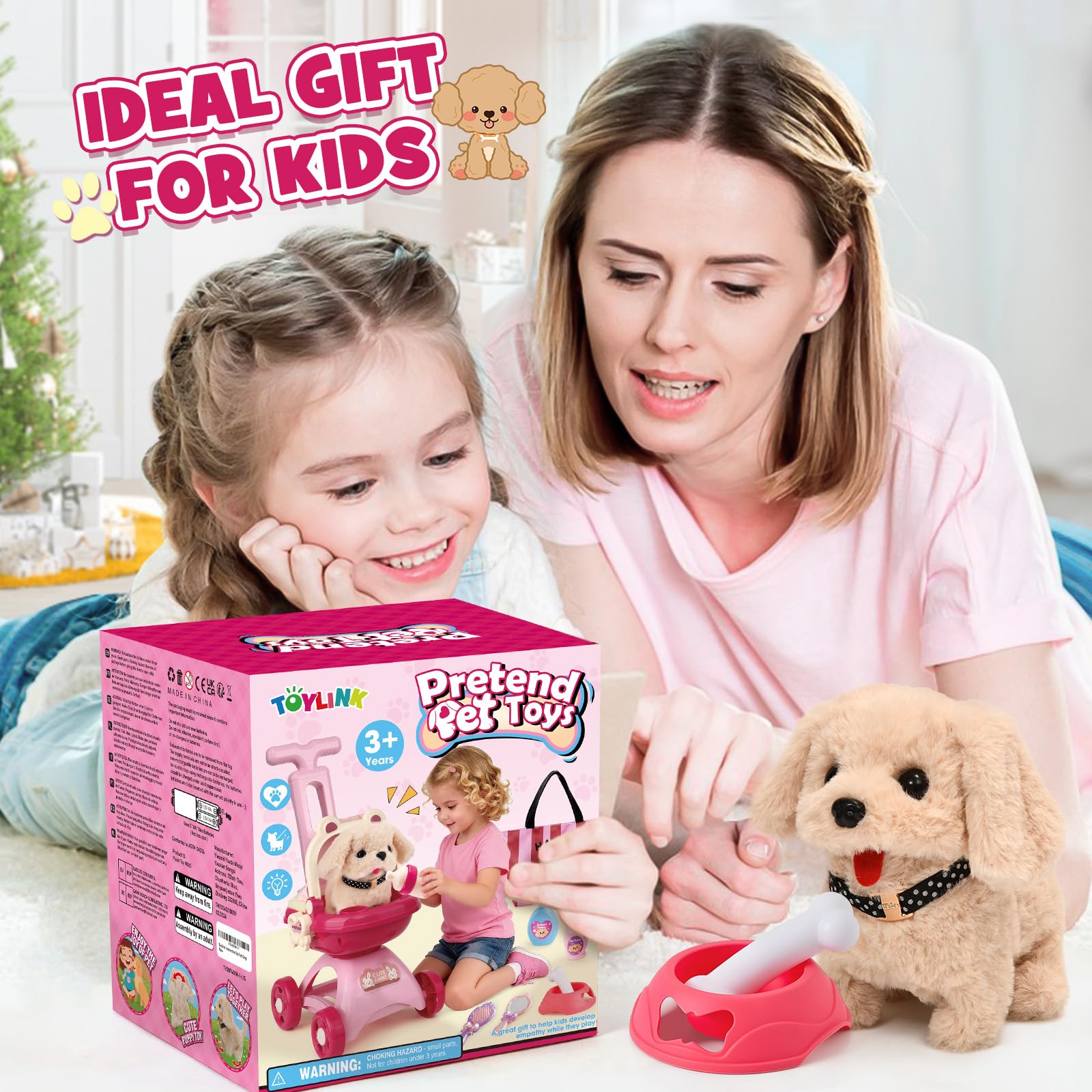 Chien Jouet Enfant Chien Interactif Electronique Qui Marche et Aboie avec Poussette Jouet, Peluche Chien Interactif Réaliste Jeu De Rôle Nourrir Baigner Anniversaire Noël Cadeau pour Fille Enfant