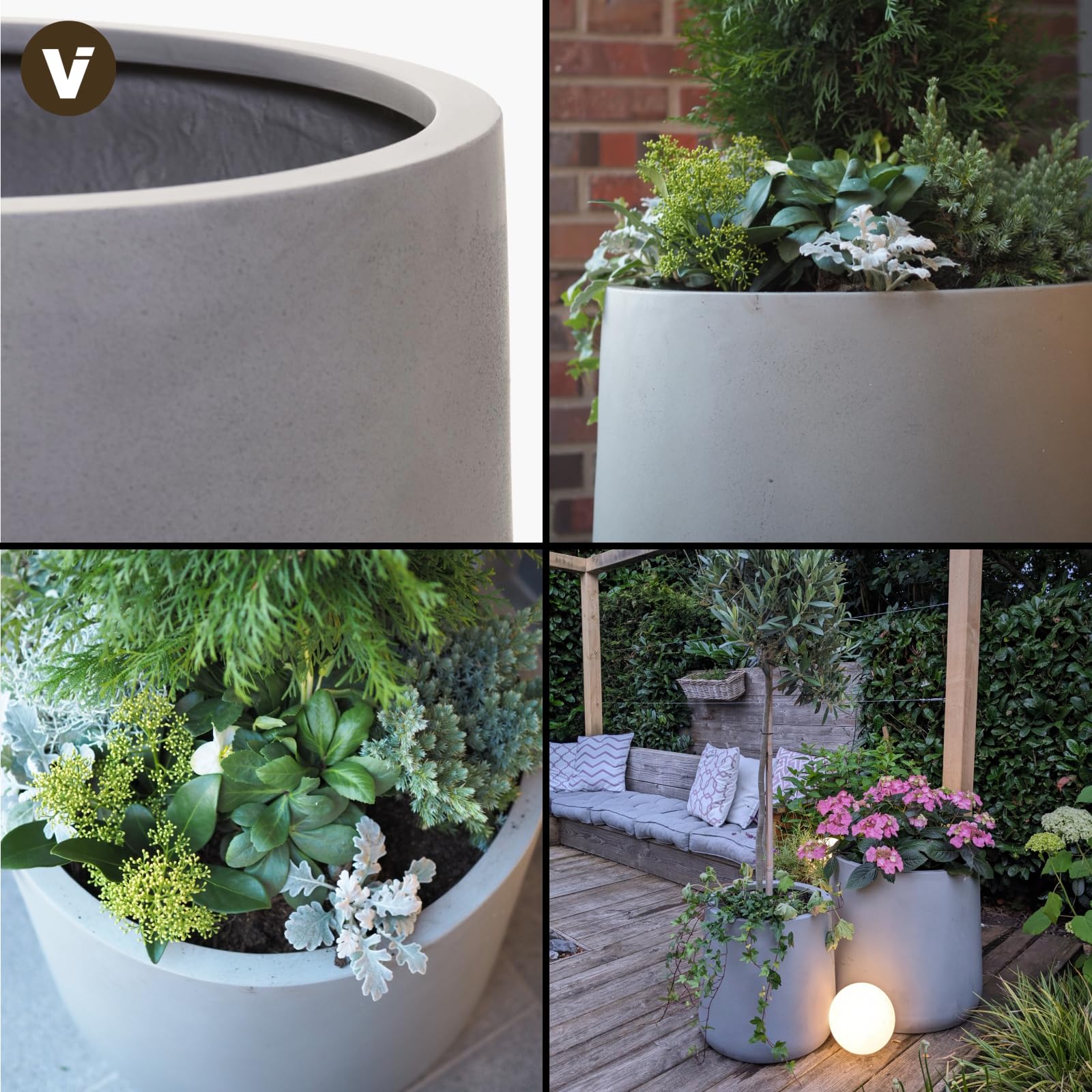 VIVANNO Pflanzkübel Blumentopf in Beton-Optik Fiberglas, 40x38 cm, Wetterfest und Frostsicher, Für Innen- und Außenbereiche