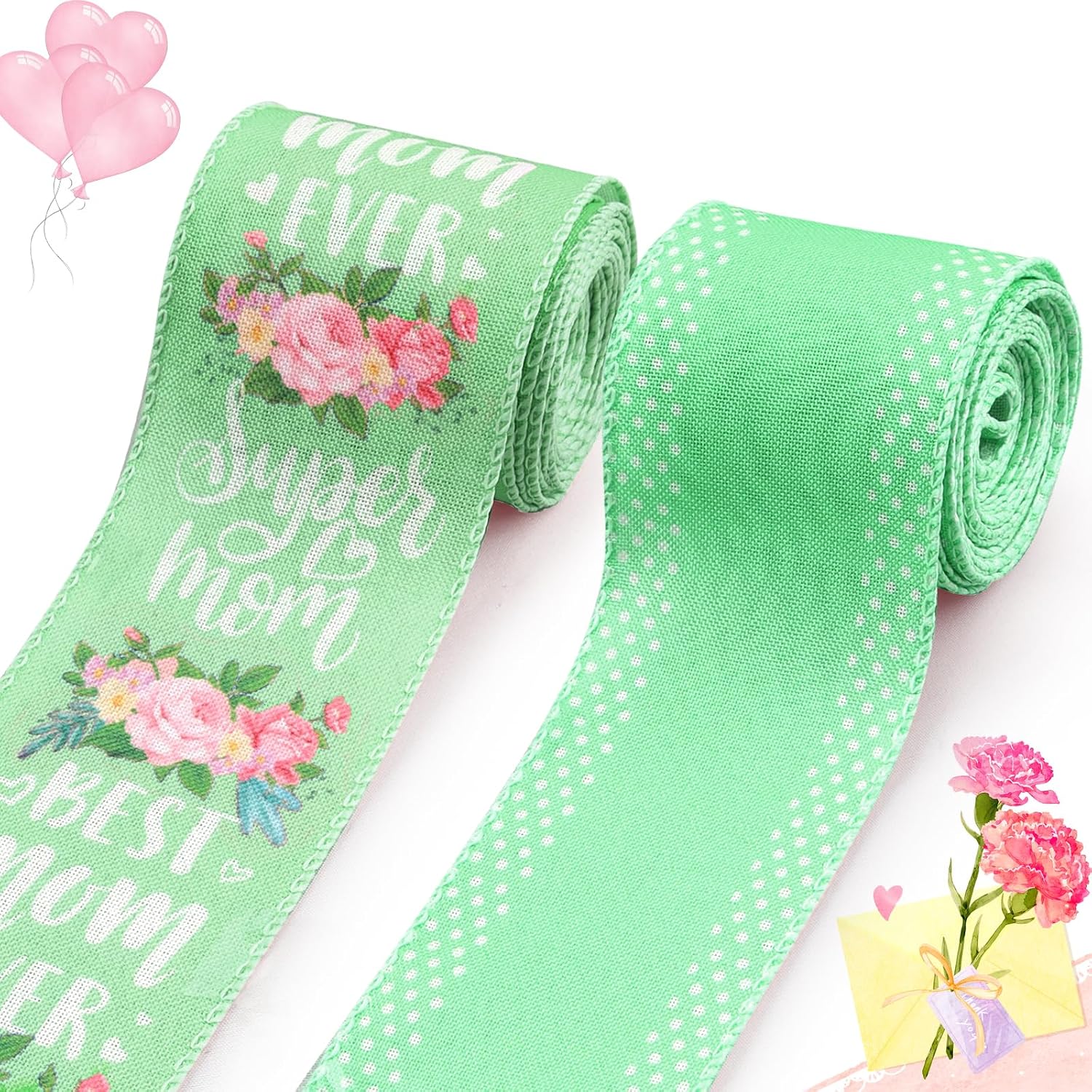 Threetols 2 Rolls 10 Yards Mother's Day Wired Edge Ribbon, 2.5inch Green Floral Burlap Ribbon, Pink Best Mom Ever Gift Wrapping Ribbon for Home DIY Craft Mother's Day Wreaths Bow Party Decoration